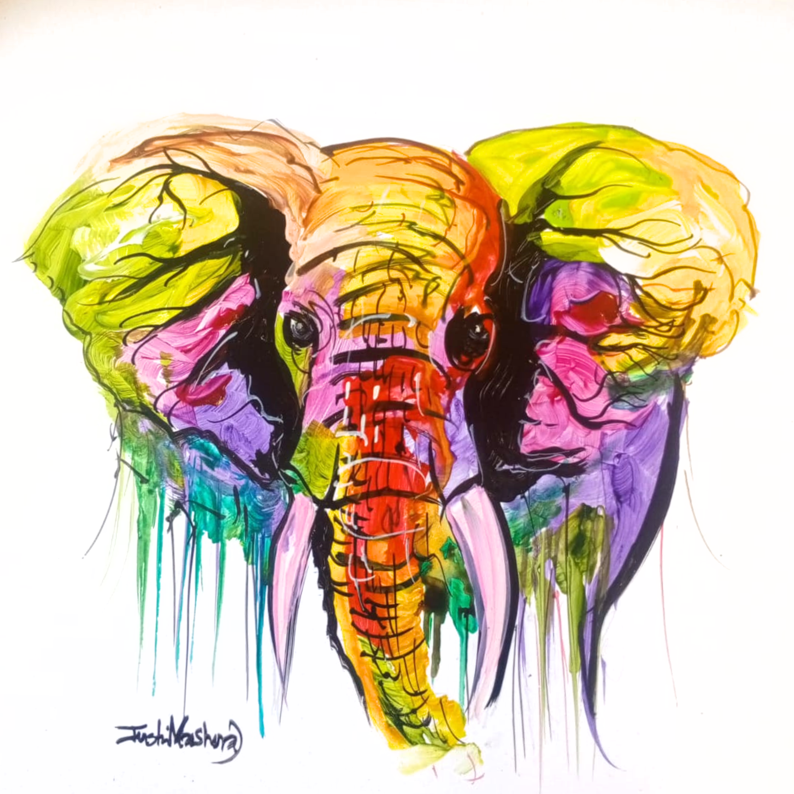 Justin Mashora Masonite Painting - Elephant (25cm x 25cm)