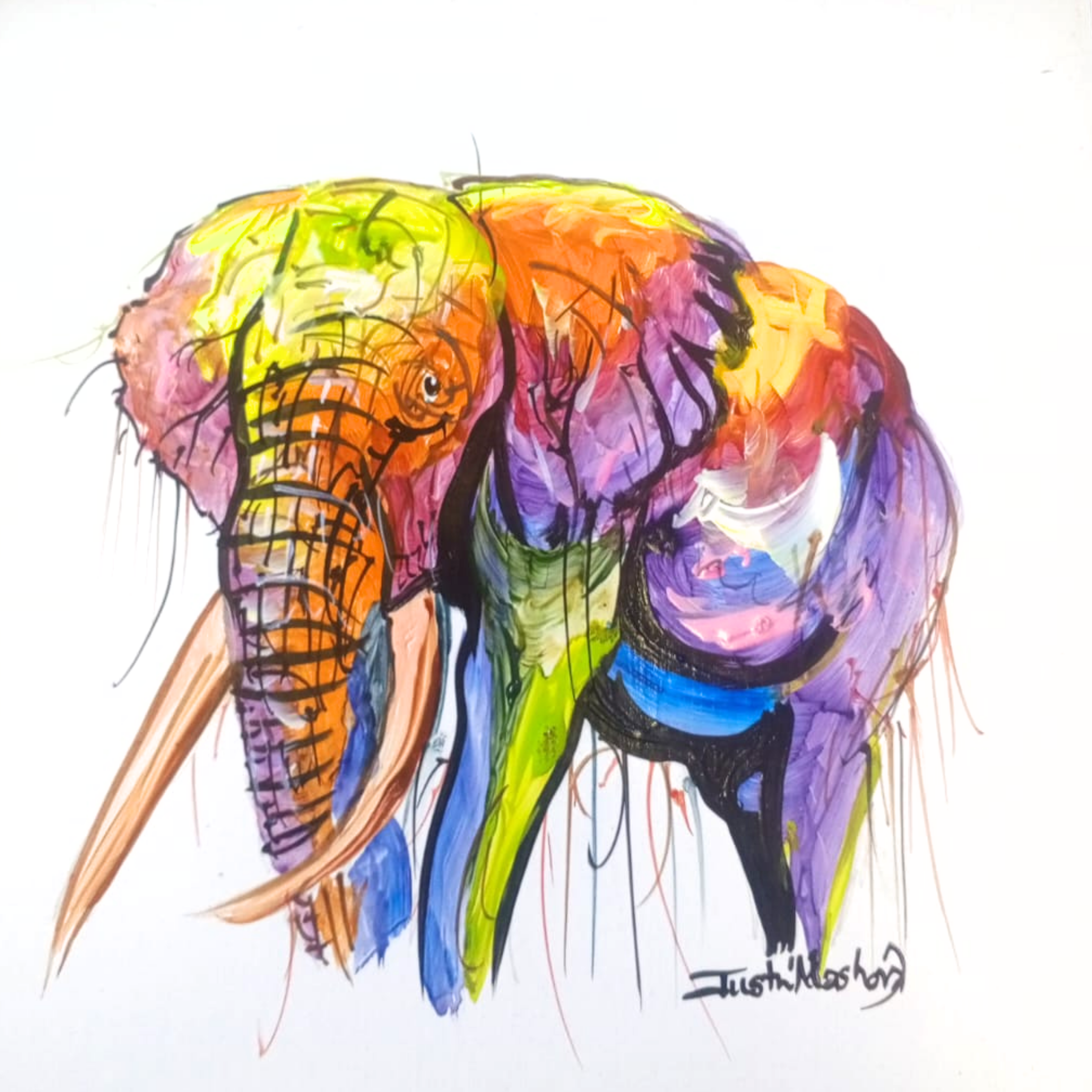 Justin Mashora Masonite Painting - Elephant (25cm x 25cm)