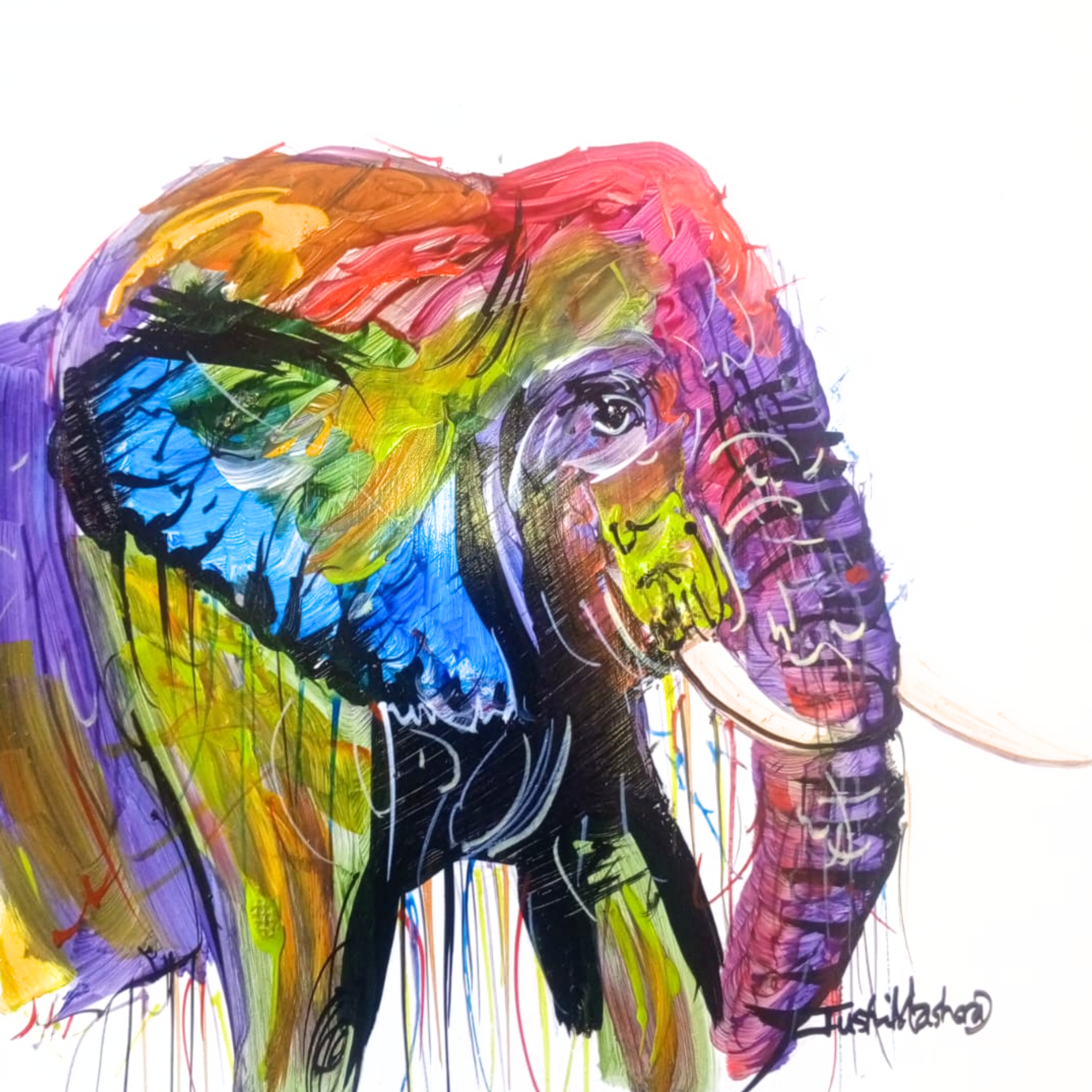 Justin Mashora Masonite Painting - Elephant (25cm x 25cm)