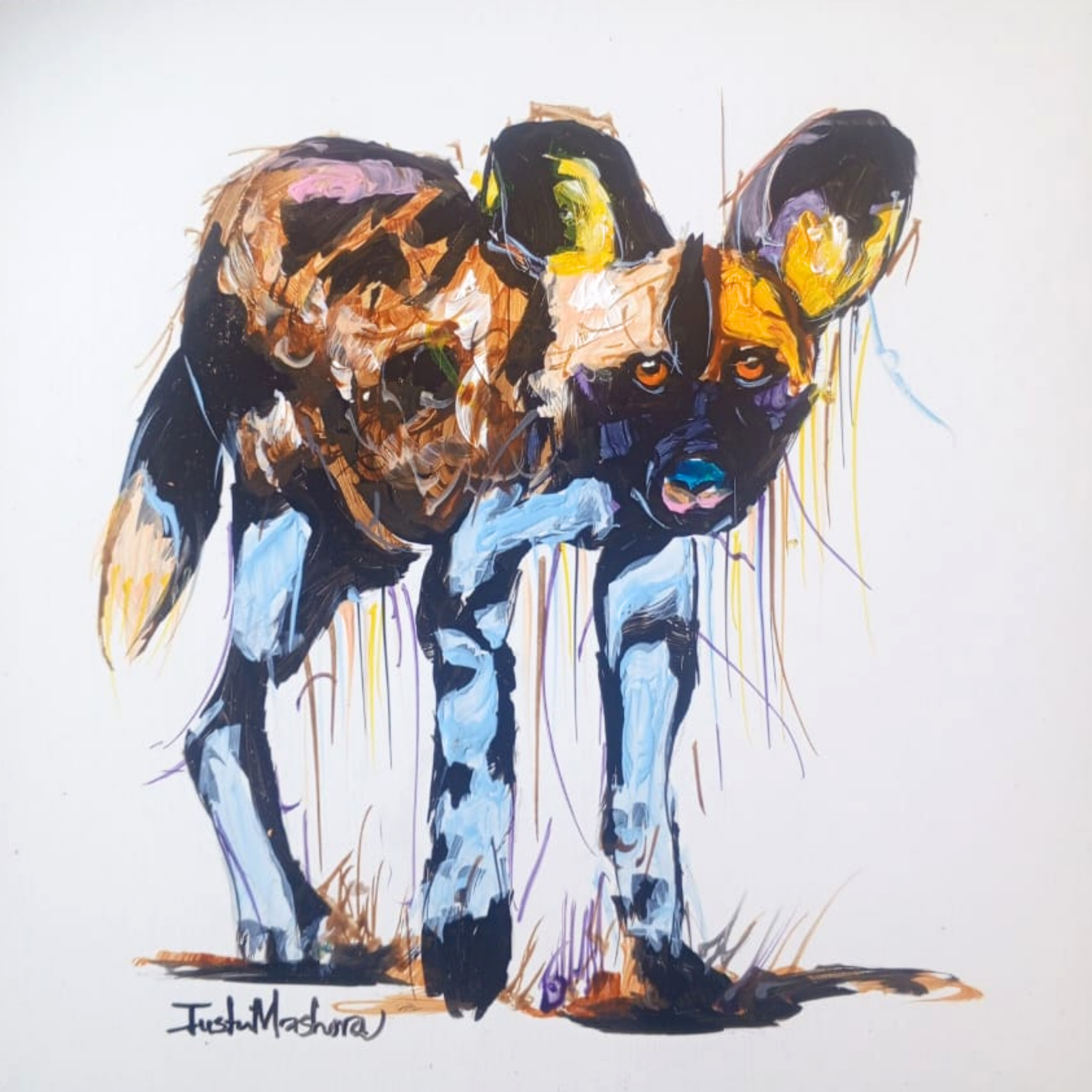 Justin Mashora Masonite Painting - Wild Dog (25cm x 25cm)