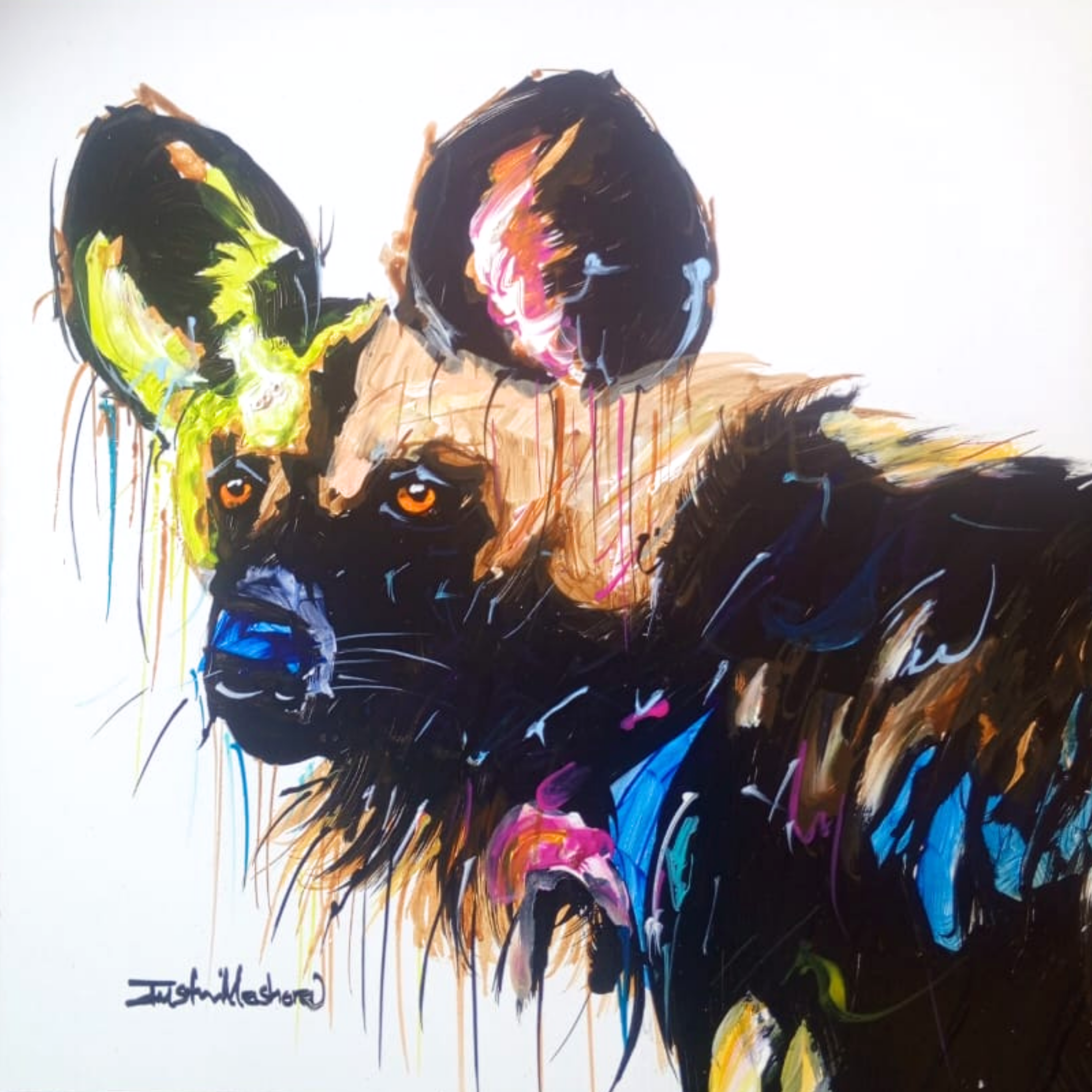 Justin Mashora Masonite Painting - Wild Dog (25cm x 25cm)