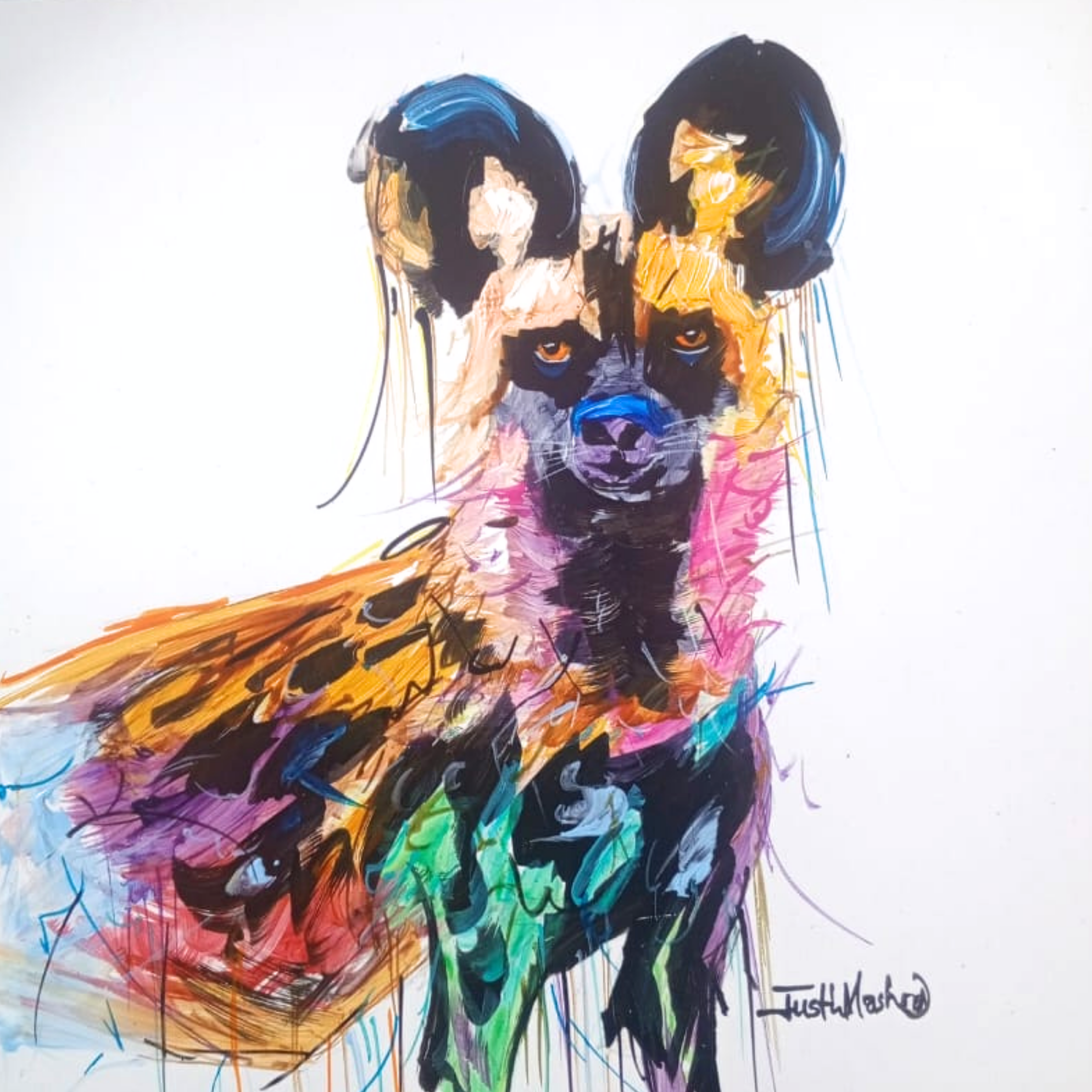 Justin Mashora Masonite Painting - Wild Dog (25cm x 25cm)
