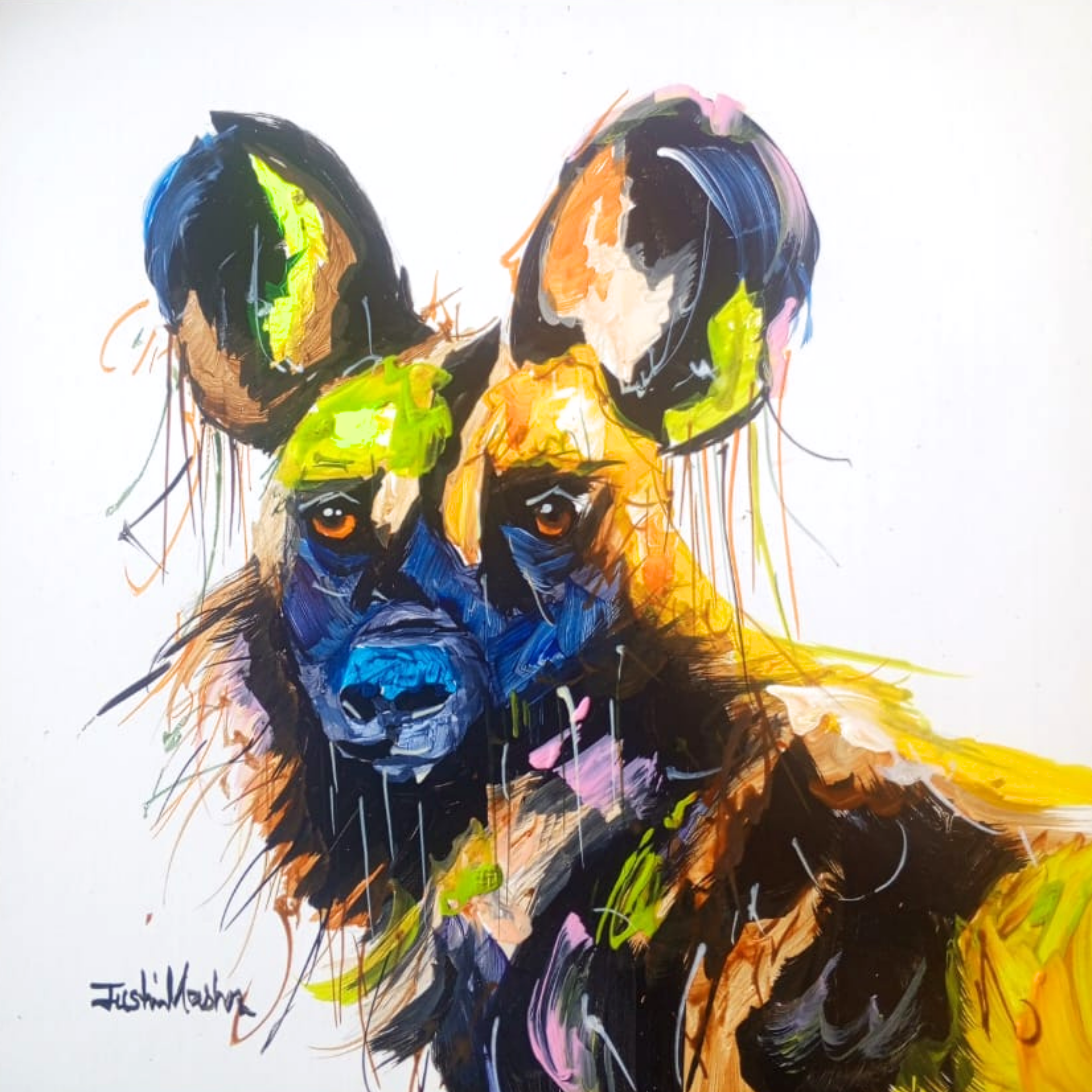 Justin Mashora Masonite Painting - Wild Dog (25cm x 25cm)