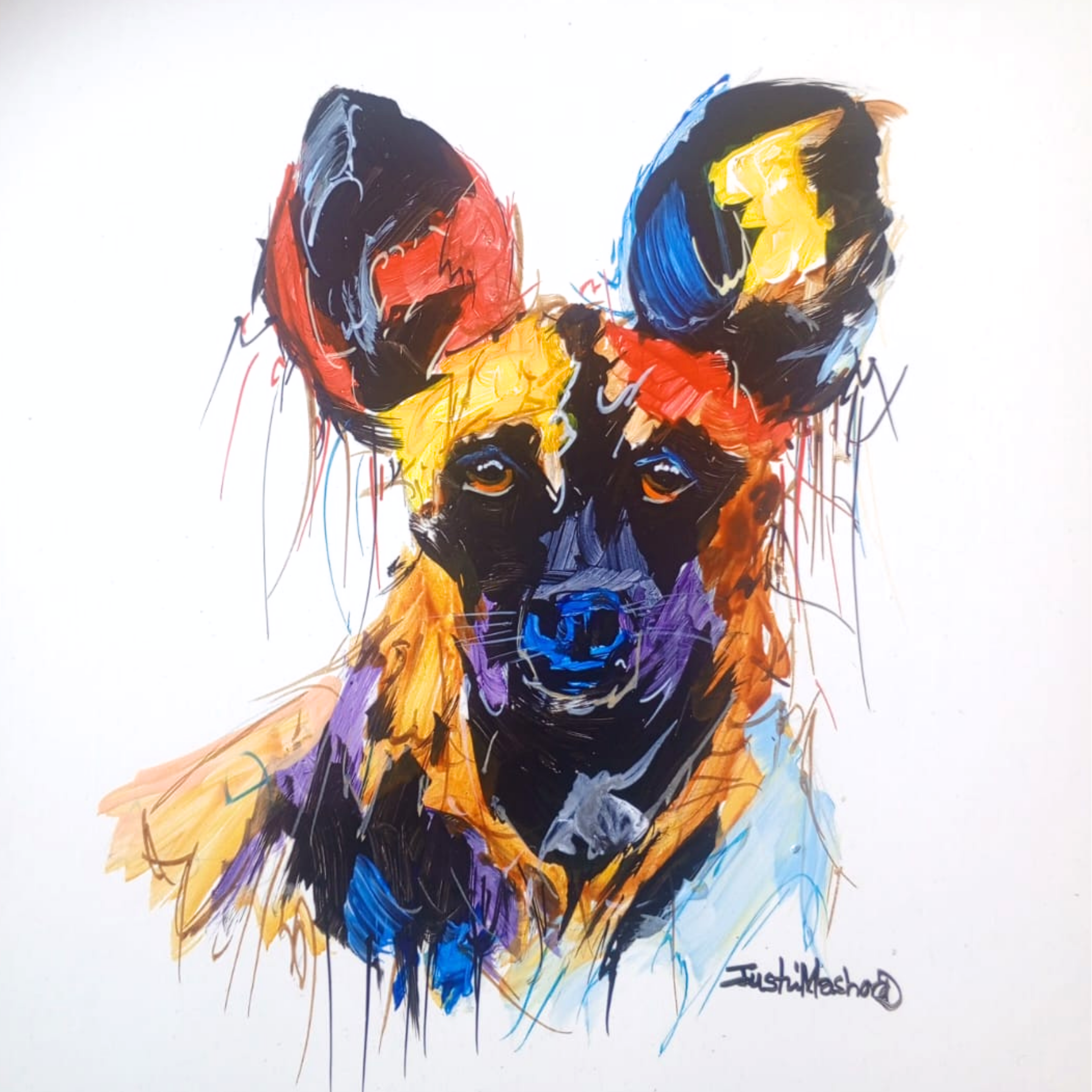 Justin Mashora Masonite Painting - Wild Dog (25cm x 25cm)