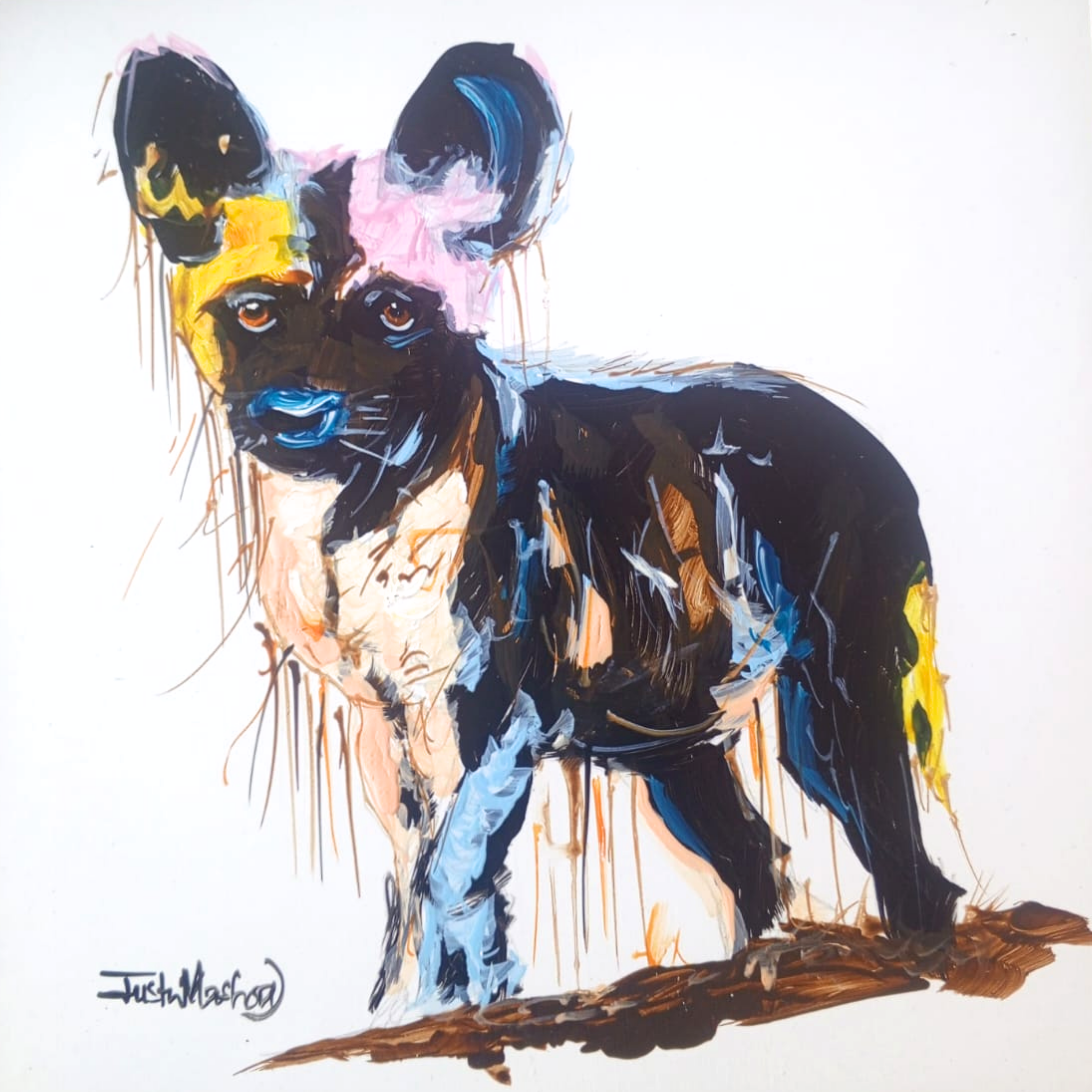 Justin Mashora Masonite Painting - Wild Dog (25cm x 25cm)