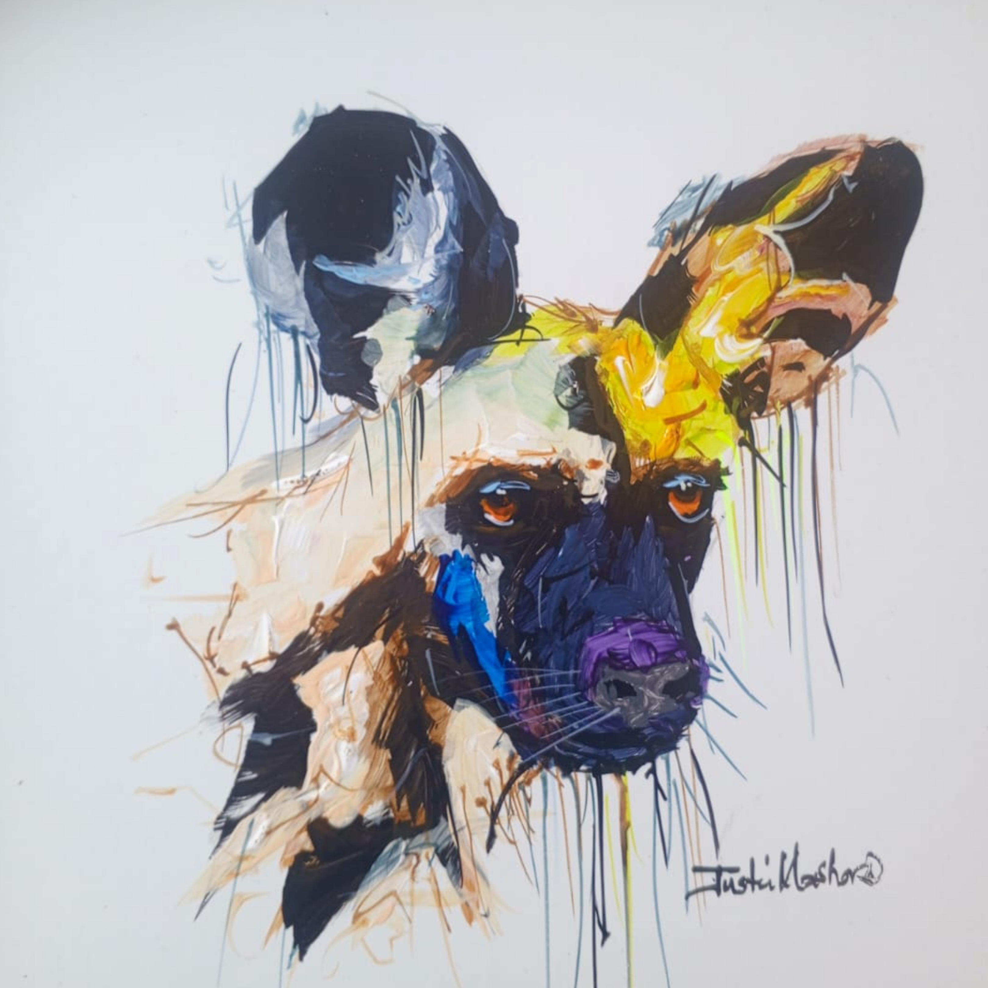 Justin Mashora Masonite Painting - Wild Dog (25cm x 25cm)