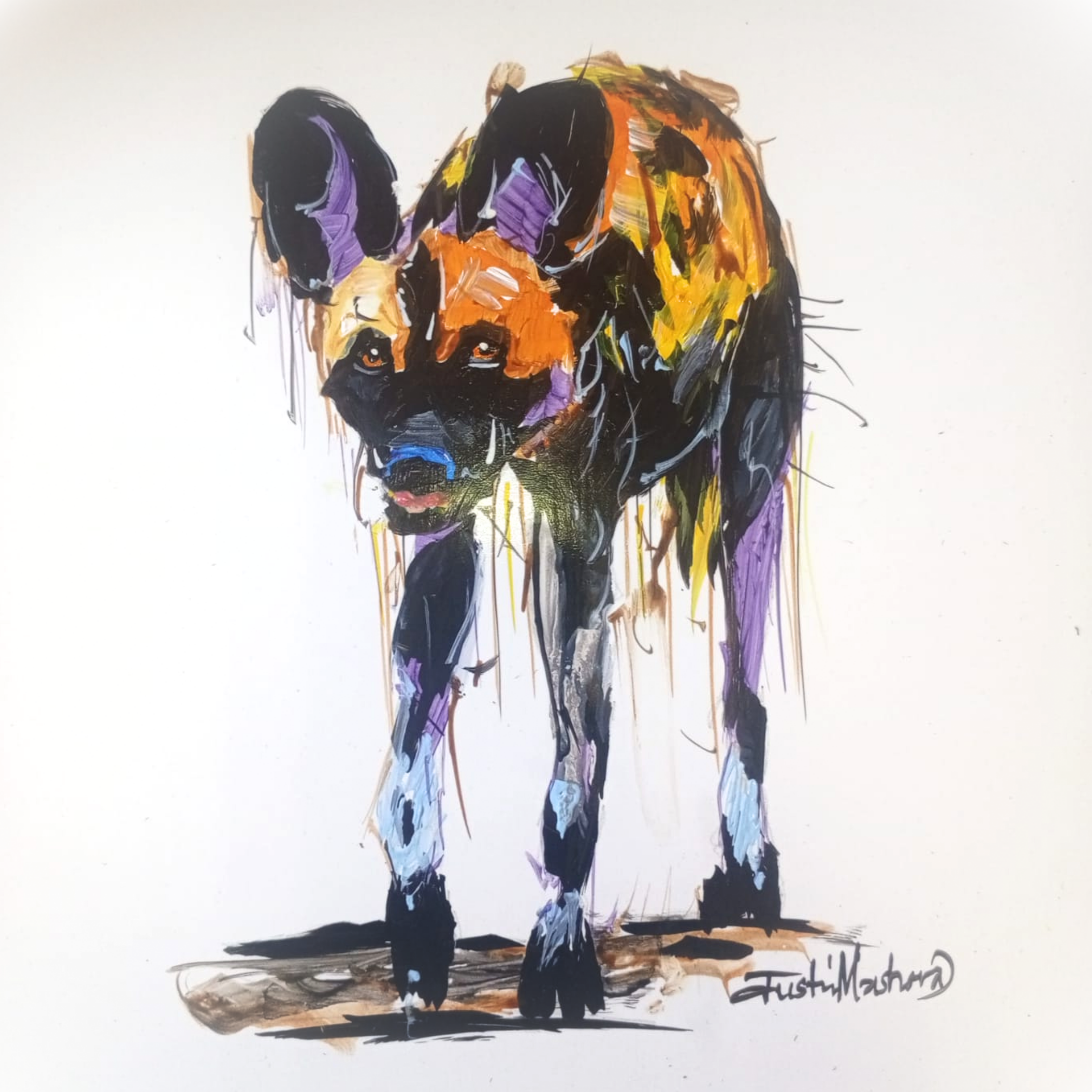 Justin Mashora Masonite Painting - Wild Dog (25cm x 25cm)