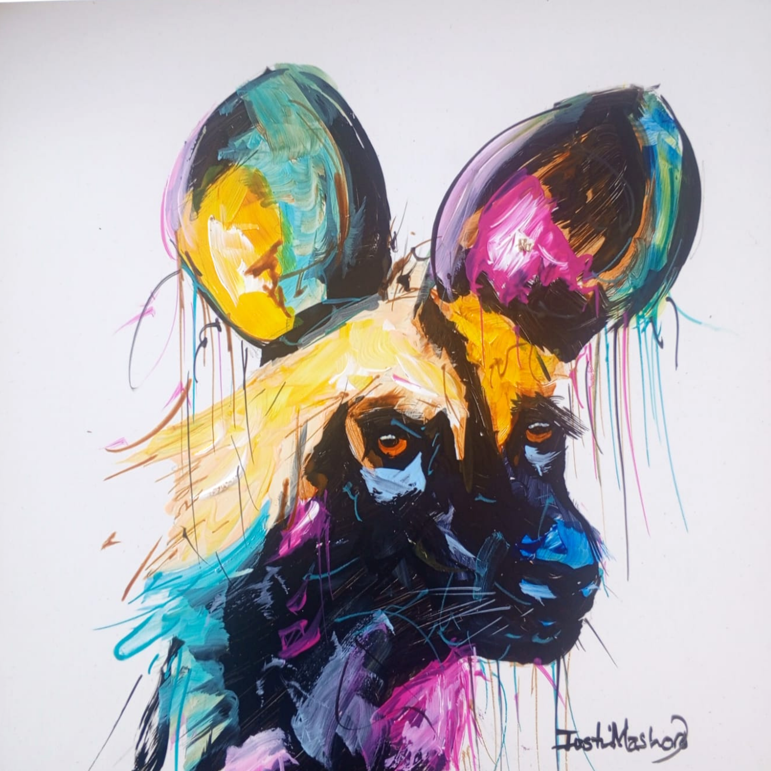Justin Mashora Masonite Painting - Wild Dog (25cm x 25cm)