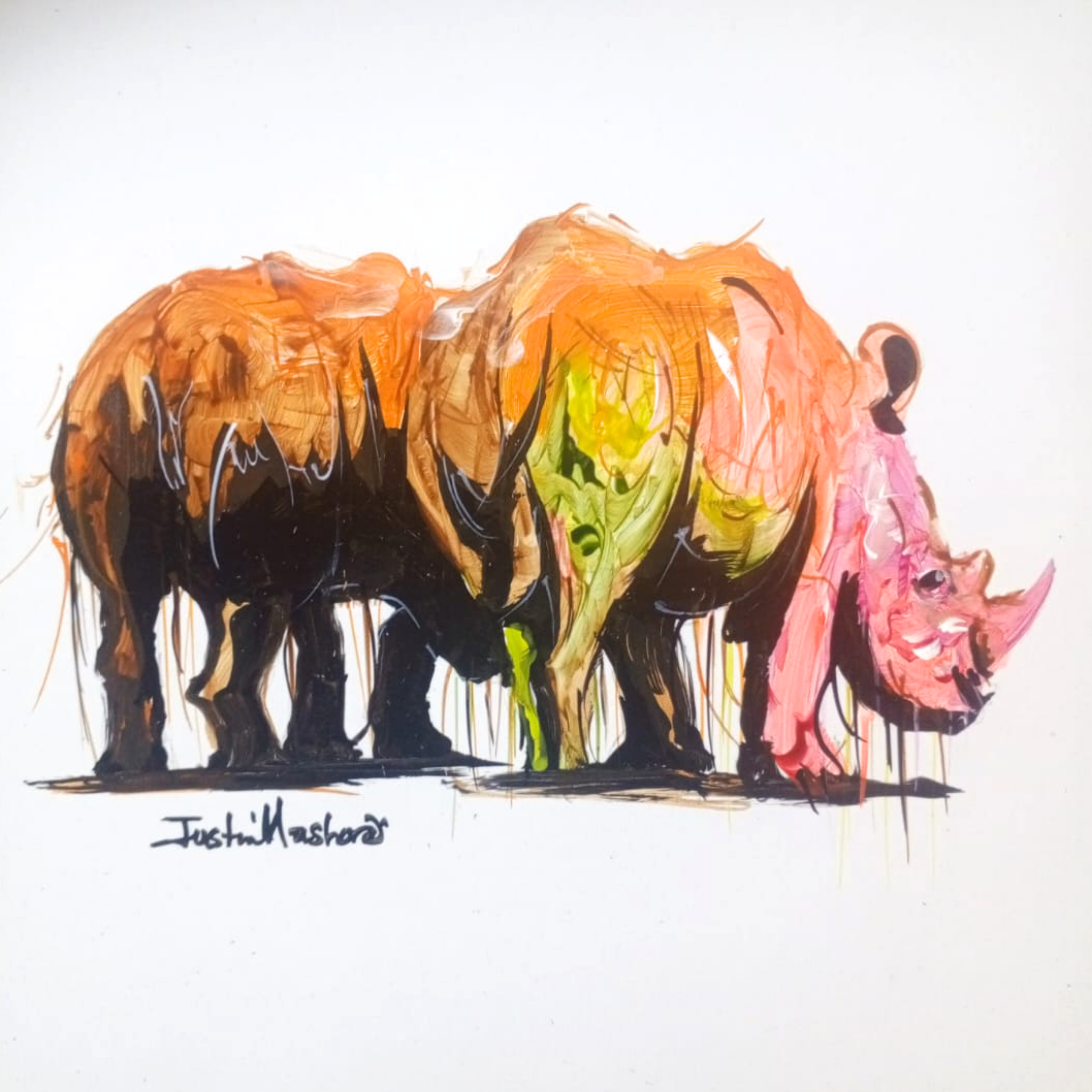 Justin Mashora Masonite Painting - Rhino (25cm x 25cm)