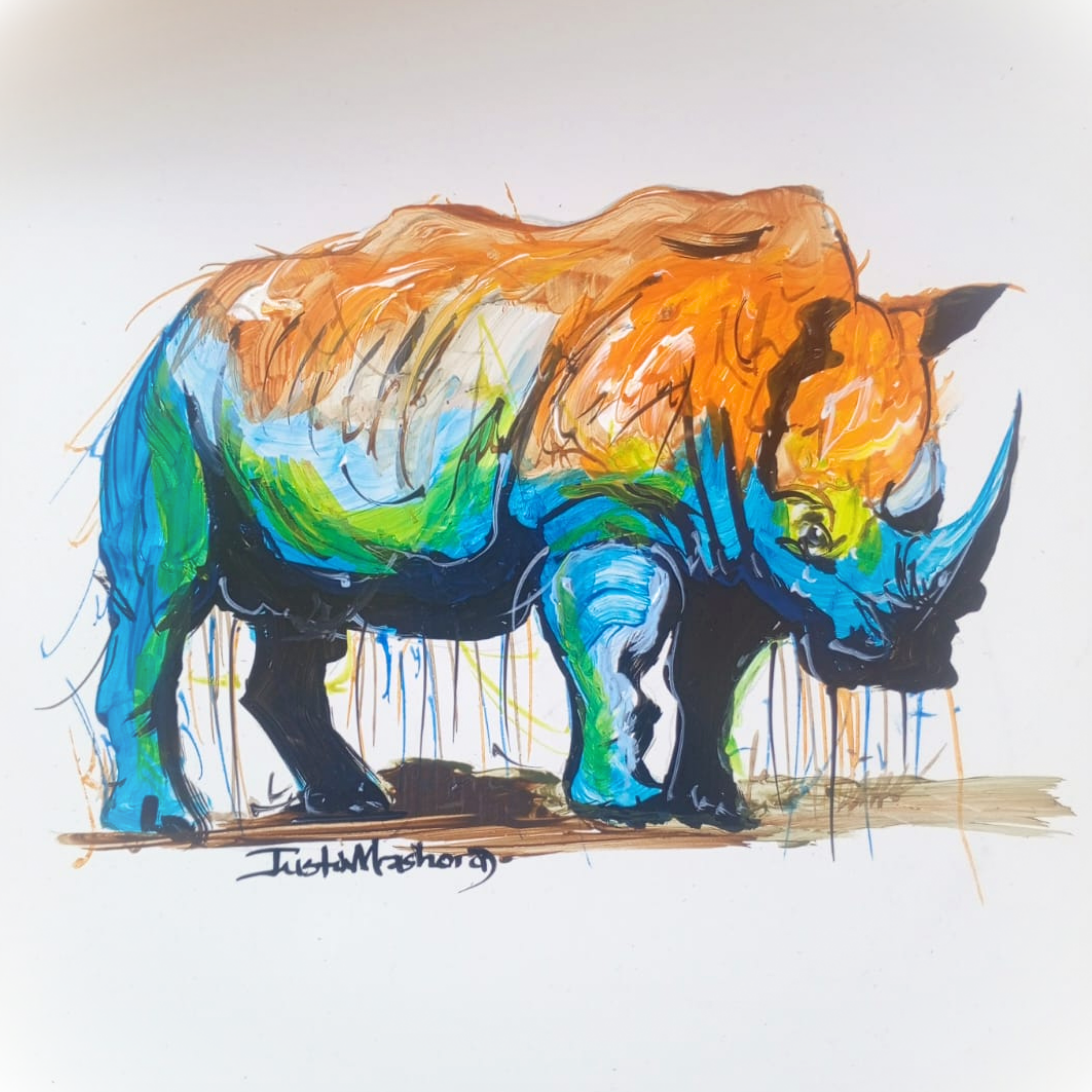 Justin Mashora Masonite Painting - Rhino (25cm x 25cm)