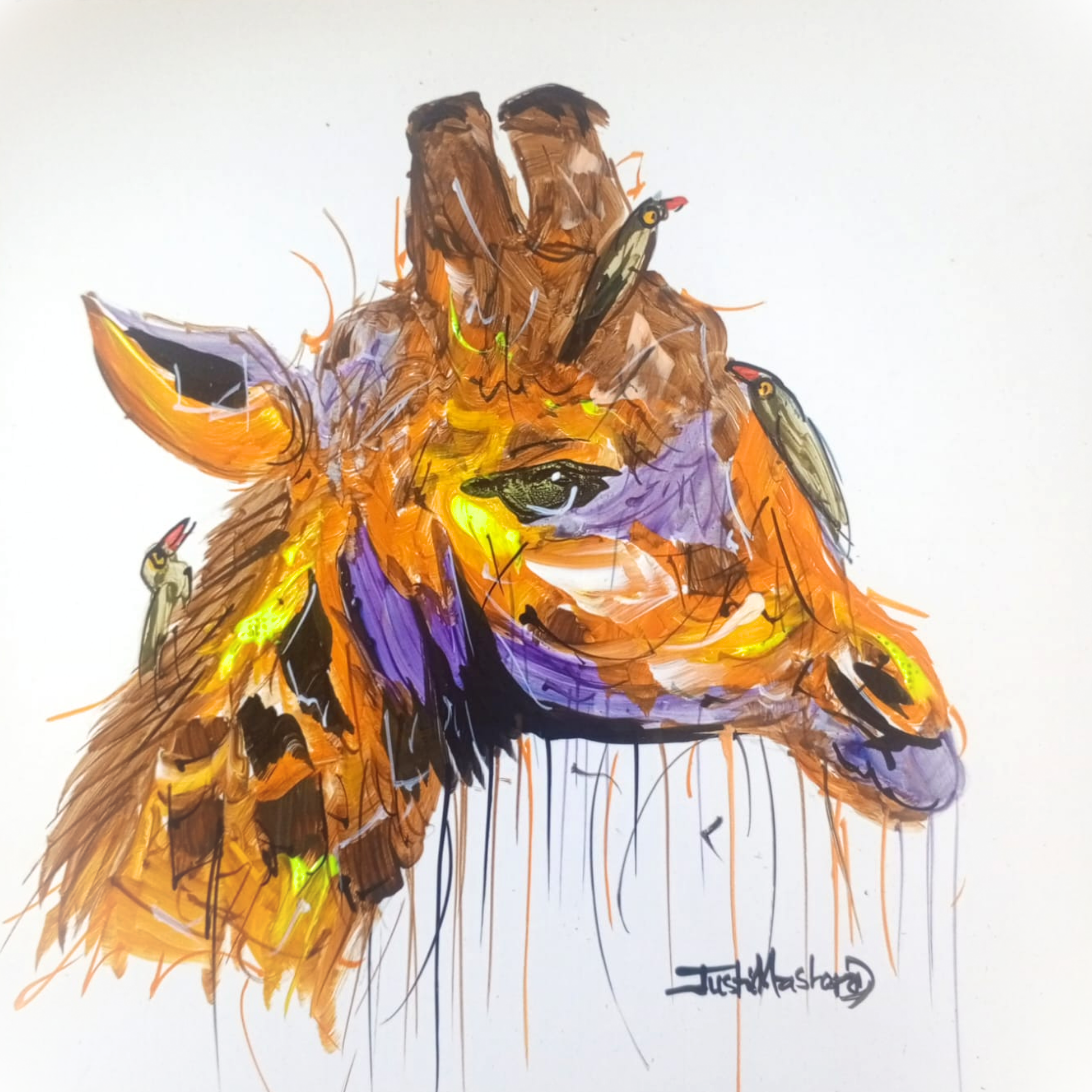 Justin Mashora Masonite Painting - Giraffe (25cm x 25cm)