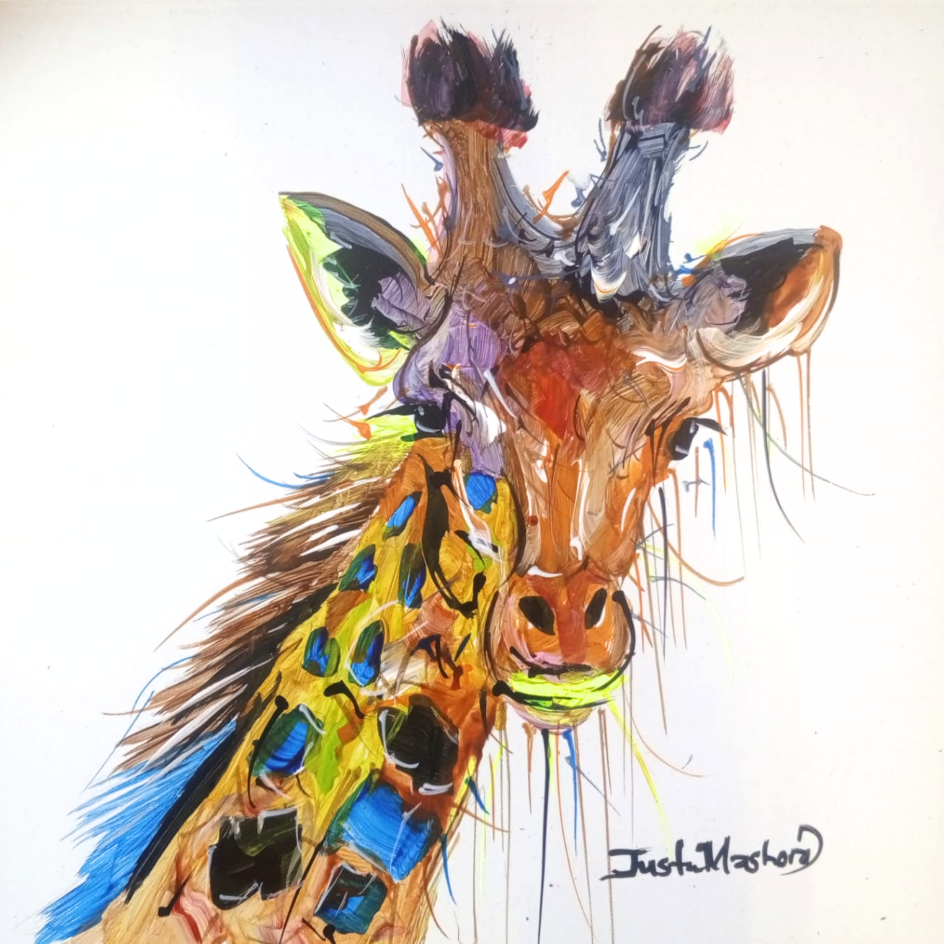 Justin Mashora Masonite Painting - Giraffe (25cm x 25cm)