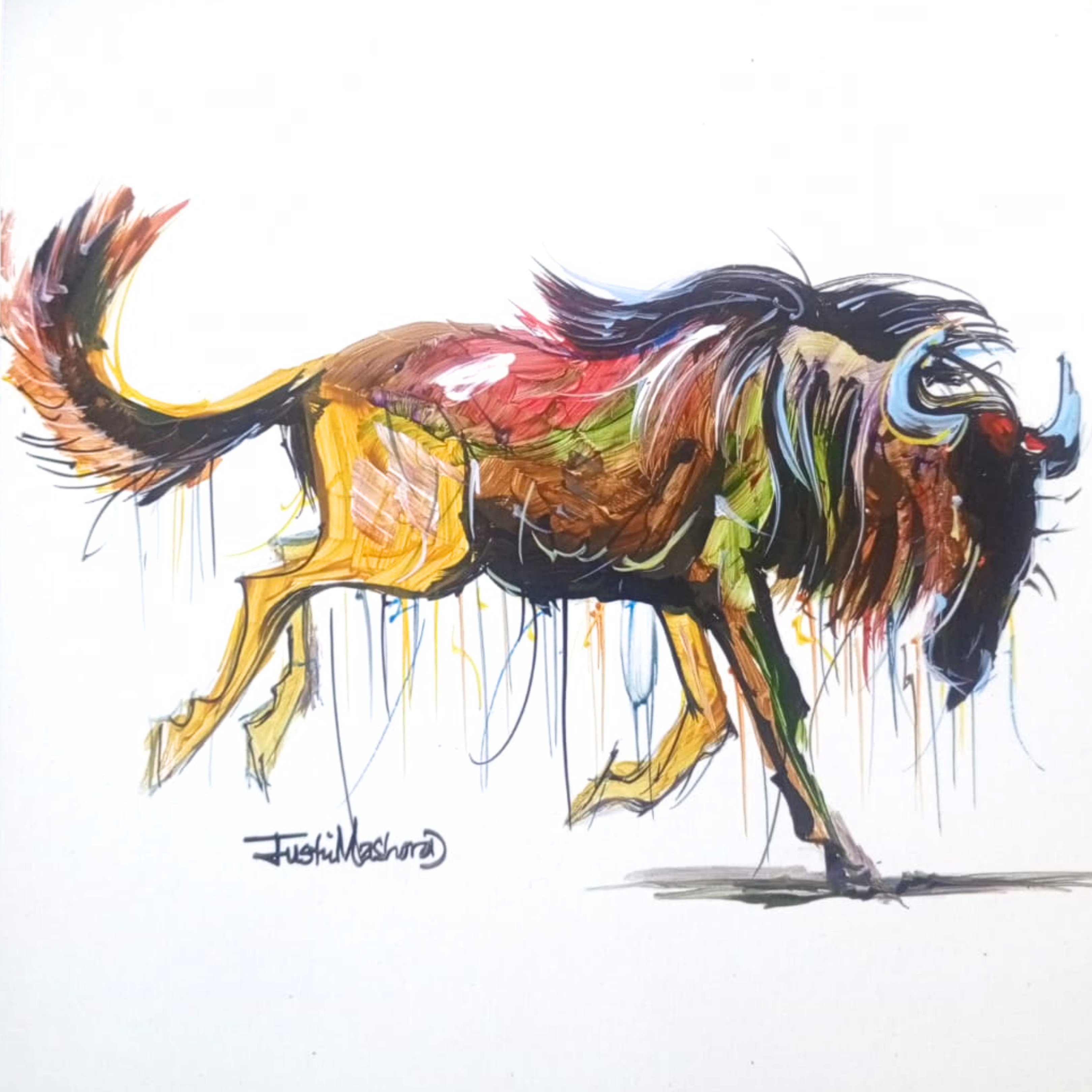 Justin Mashora Masonite Painting - Wildebeest (25cm x 25cm)
