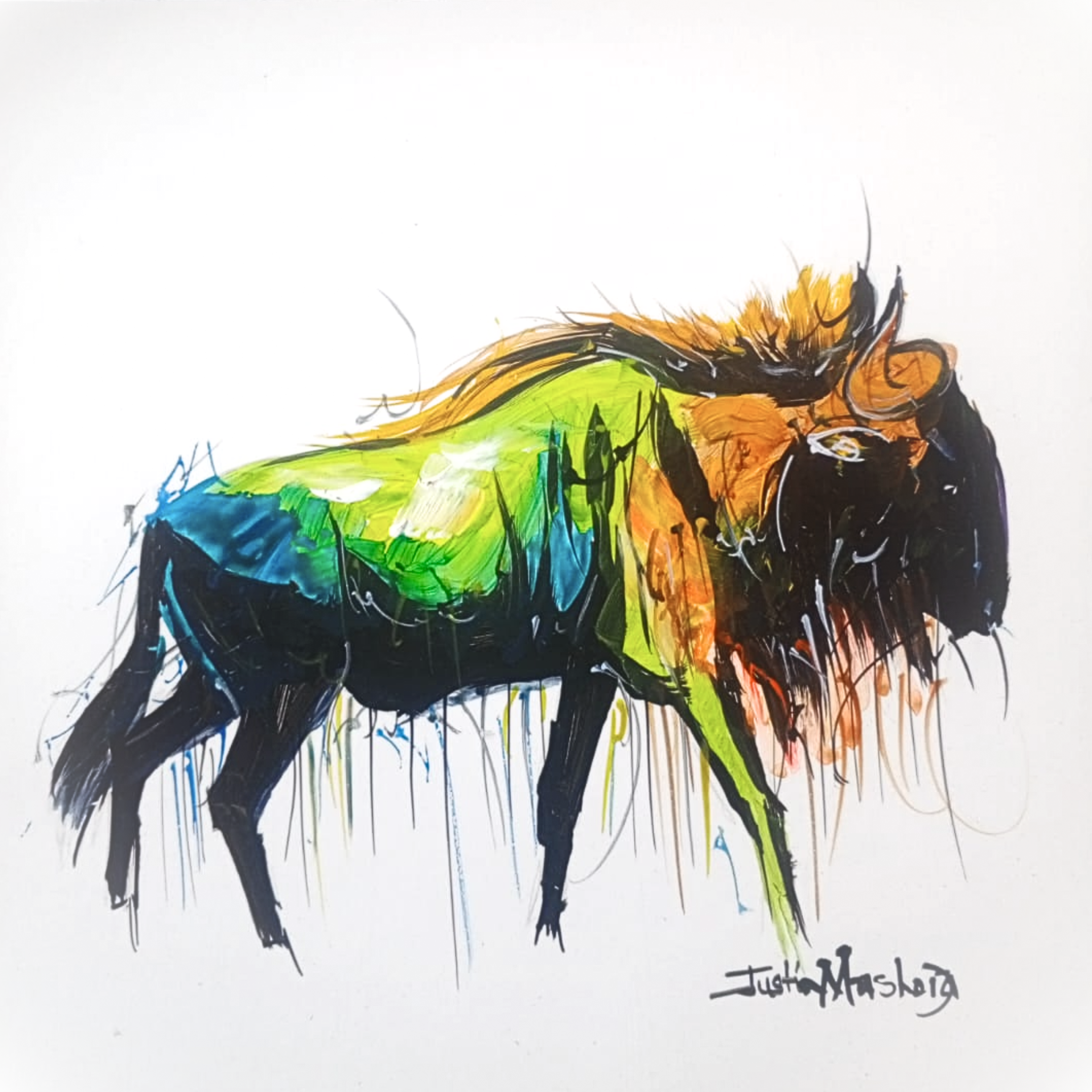 Justin Mashora Masonite Painting - Wildebeest (25cm x 25cm)