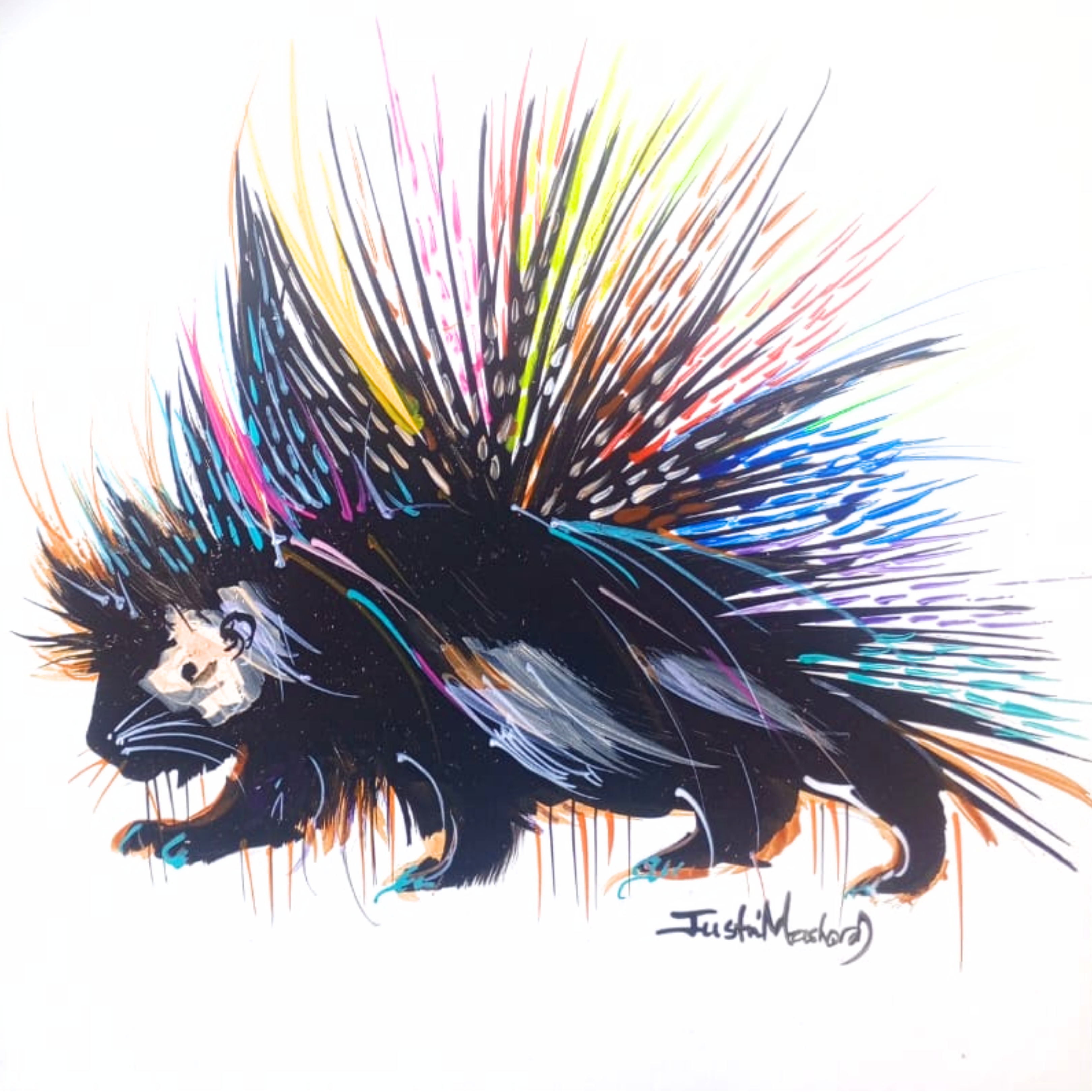 Justin Mashora Masonite Painting - Porcupine (25cm x 25cm)