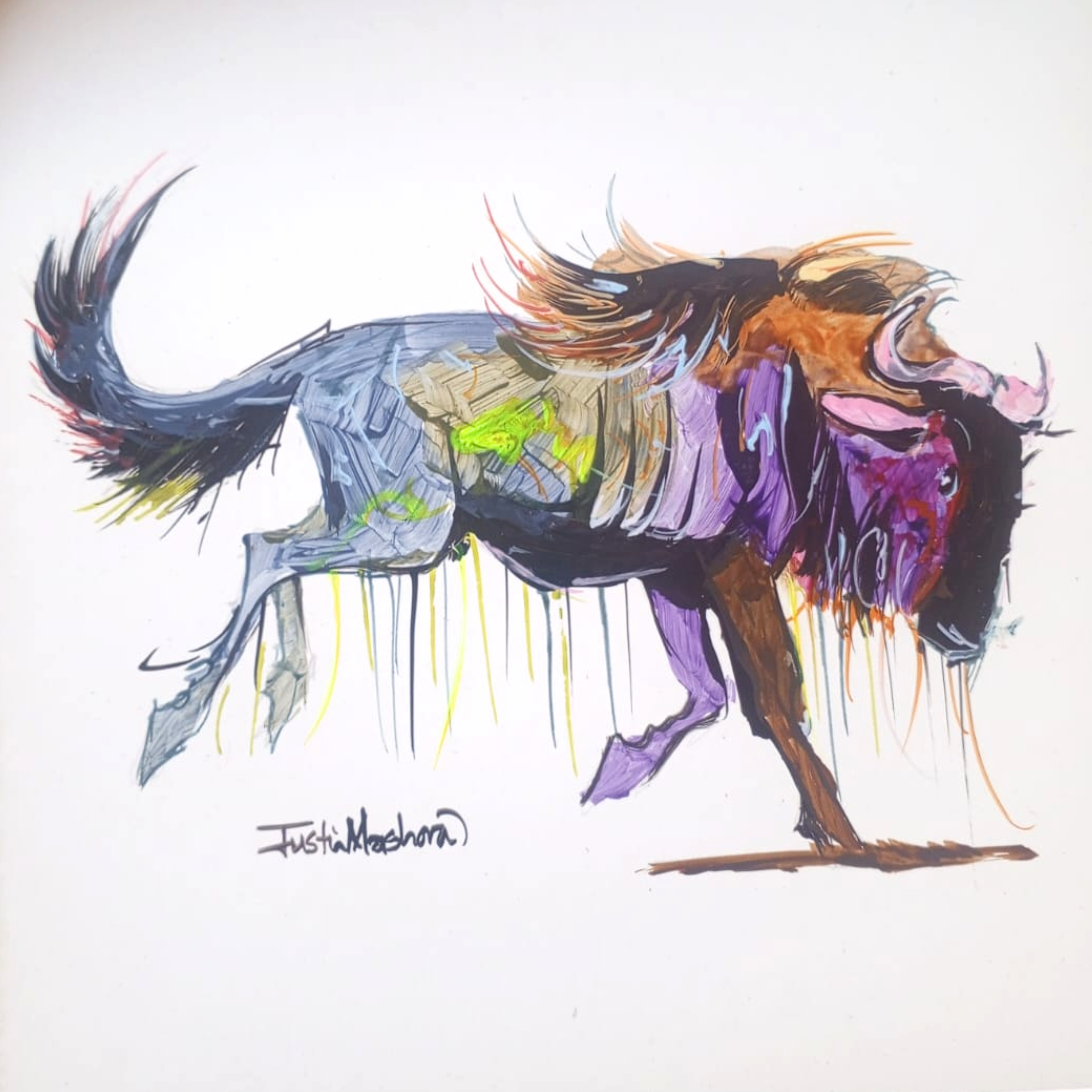 Justin Mashora Masonite Painting - Wildebeest (25cm x 25cm)