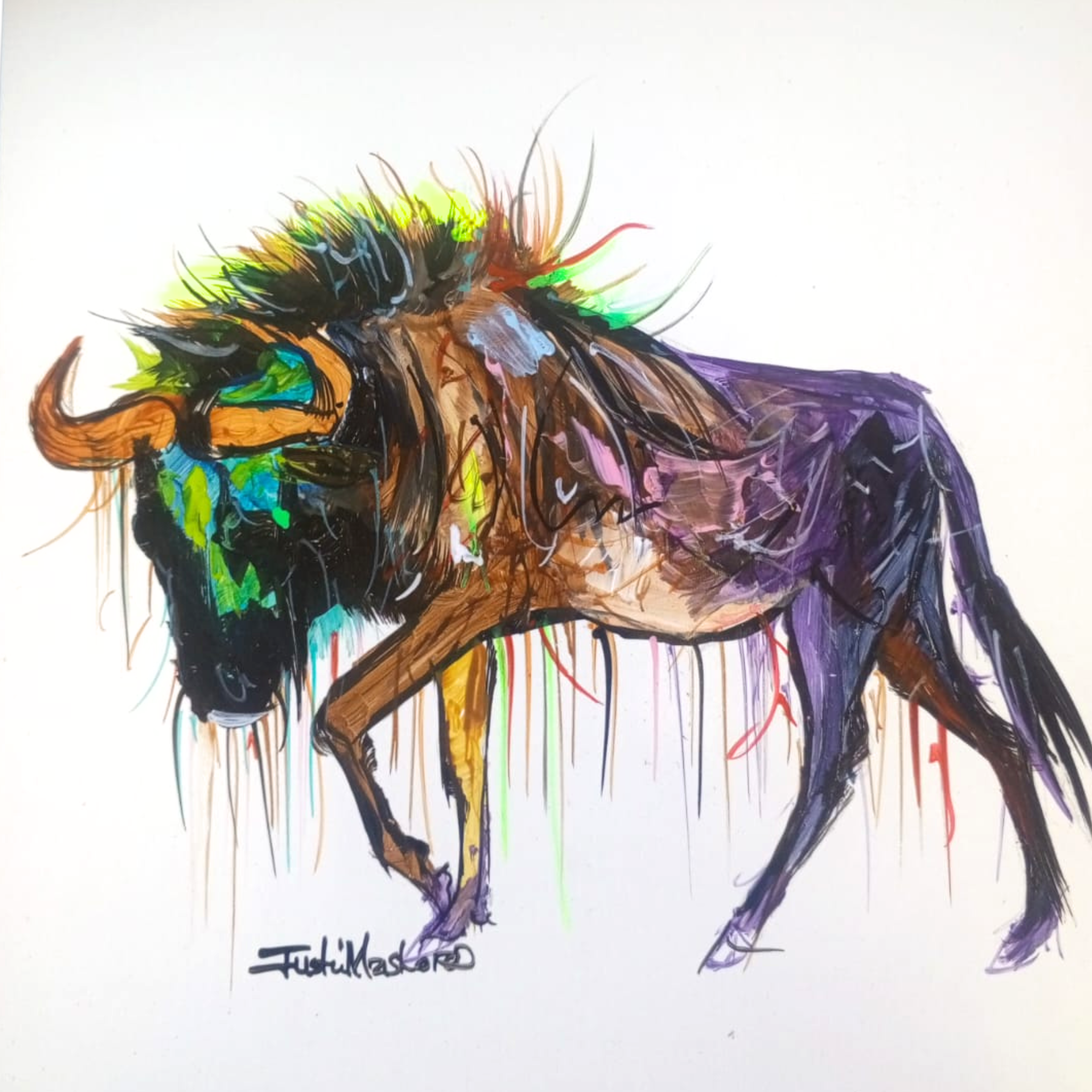 Justin Mashora Masonite Painting - Wildebeest (25cm x 25cm)
