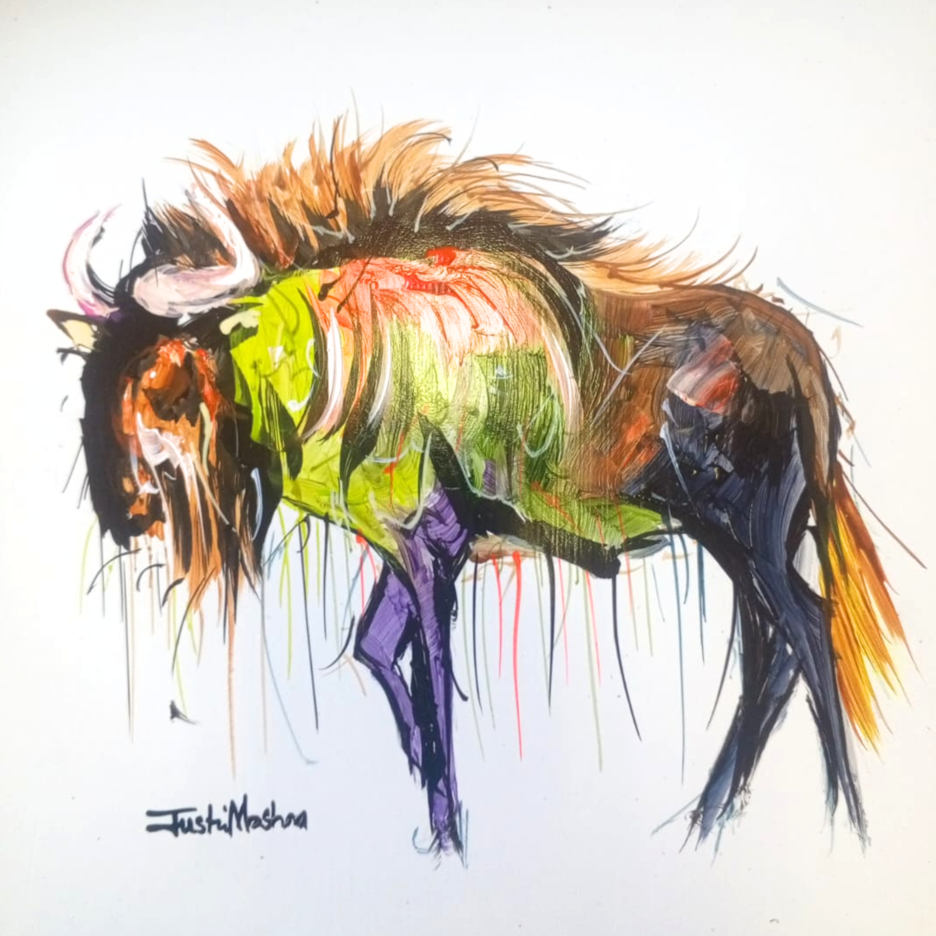 Justin Mashora Masonite Painting - Wildebeest (25cm x 25cm)