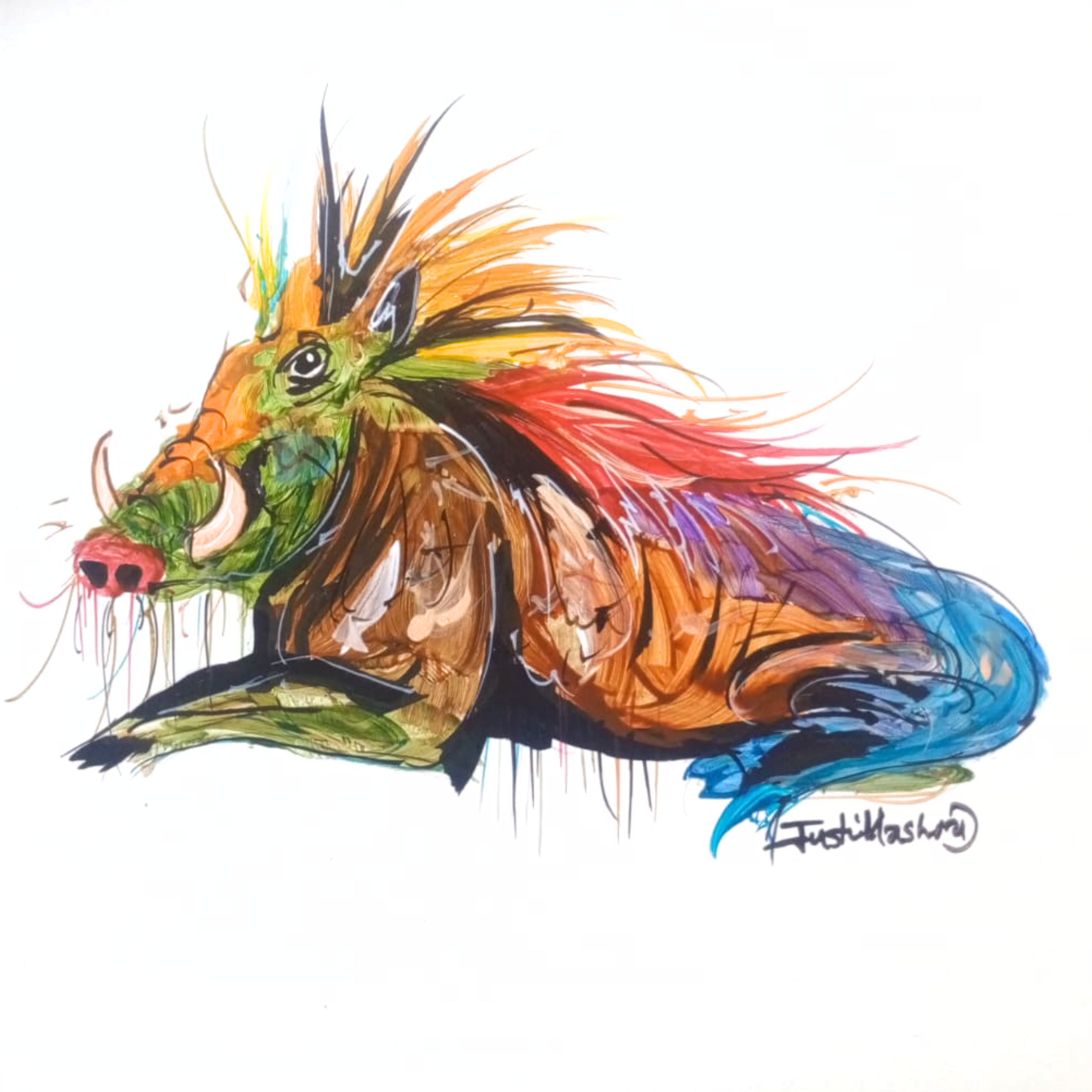 Justin Mashora Masonite Painting - Warthog (25cm x 25cm)