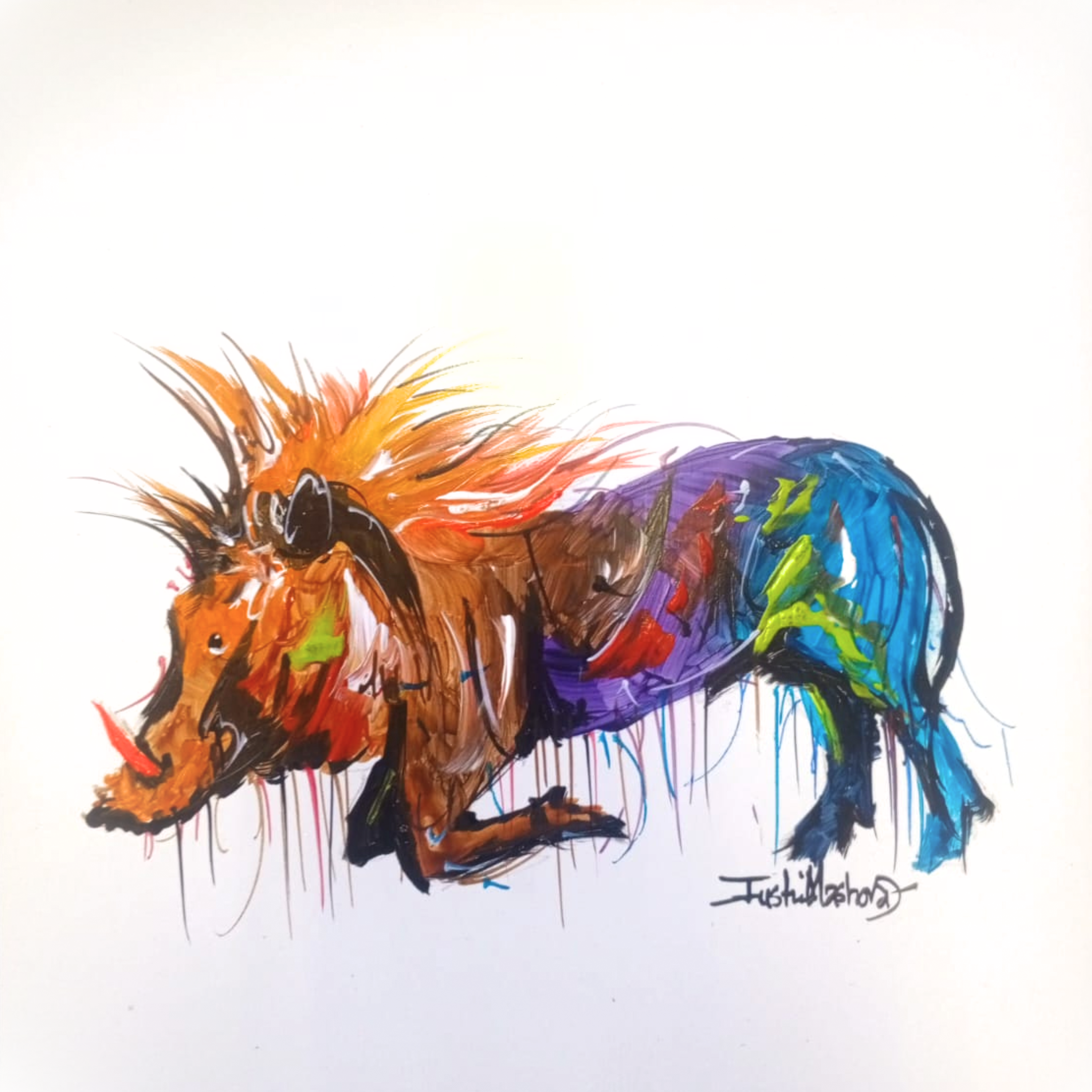 Justin Mashora Masonite Painting - Warthog (25cm x 25cm)