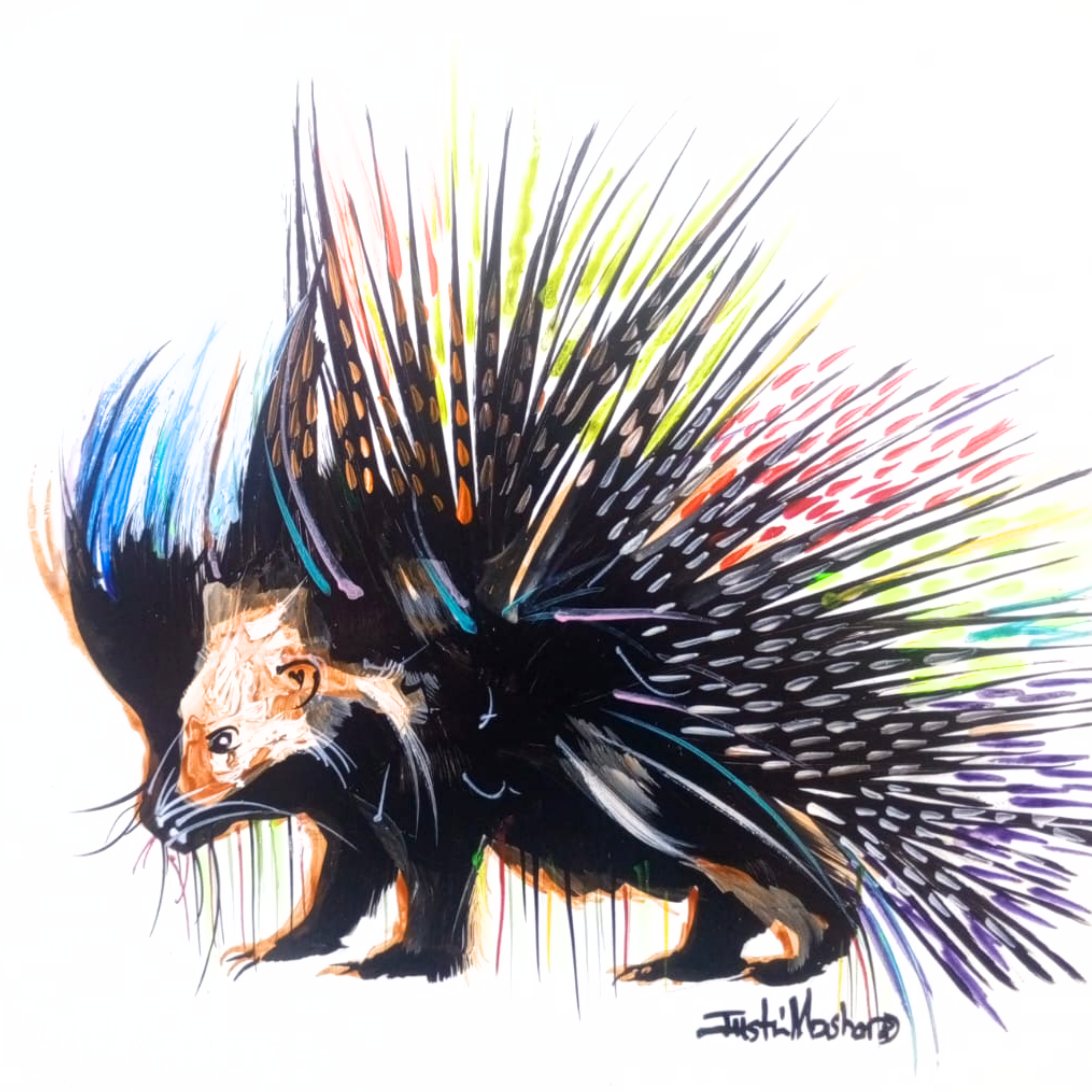 Justin Mashora Masonite Painting - Porcupine (25cm x 25cm)