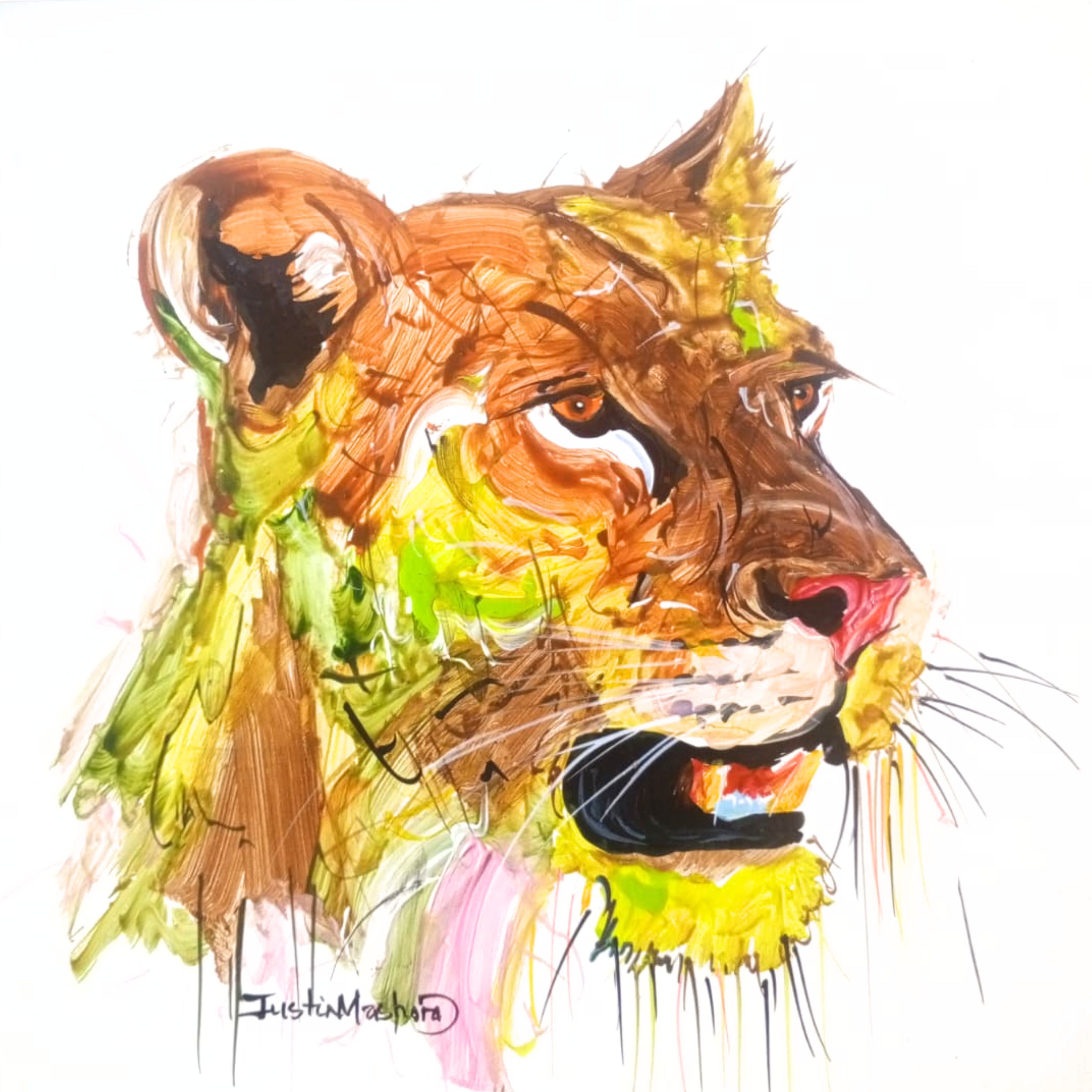 Justin Mashora Masonite Painting - Lion (25cm x 25cm)