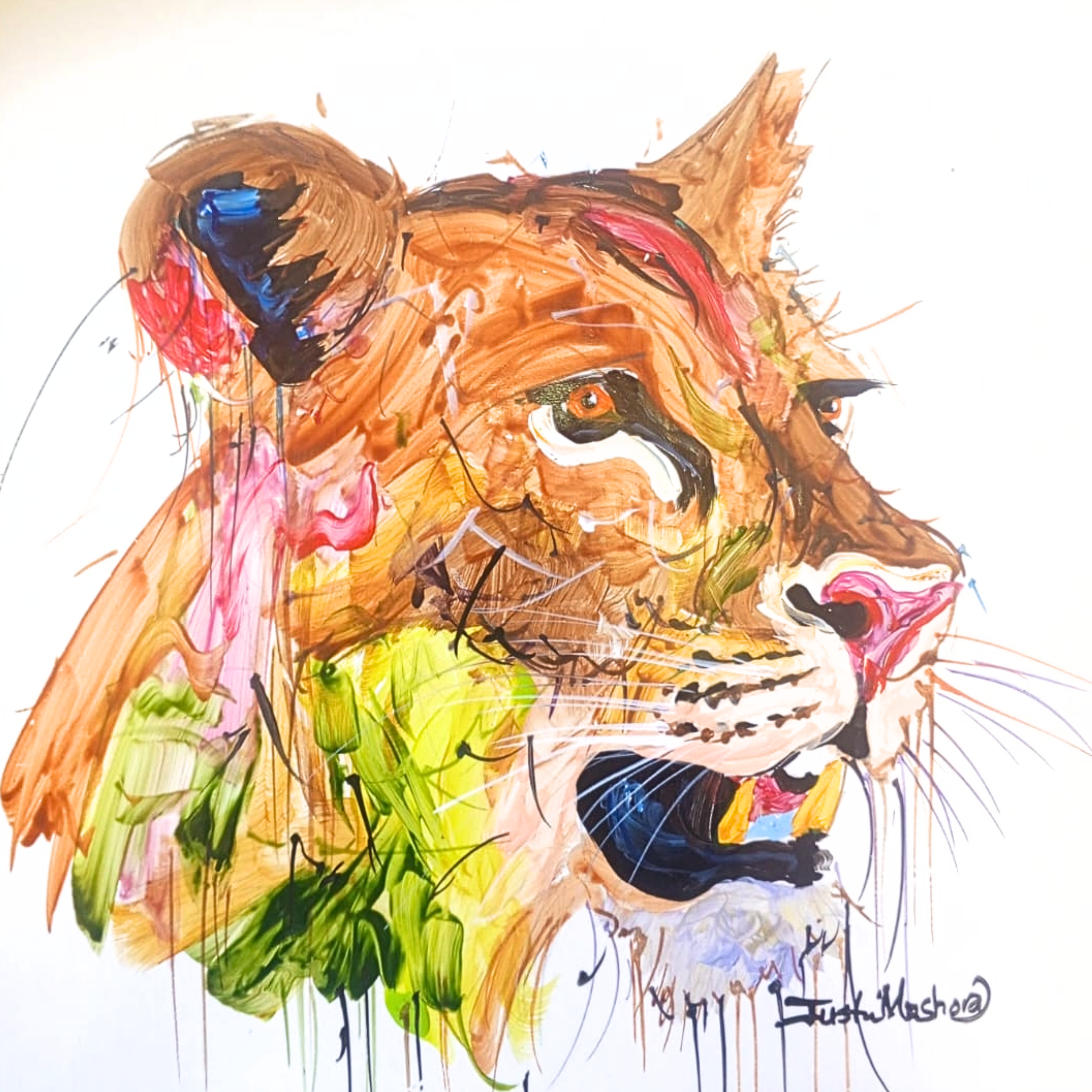 Justin Mashora Masonite Painting - Lion (25cm x 25cm)