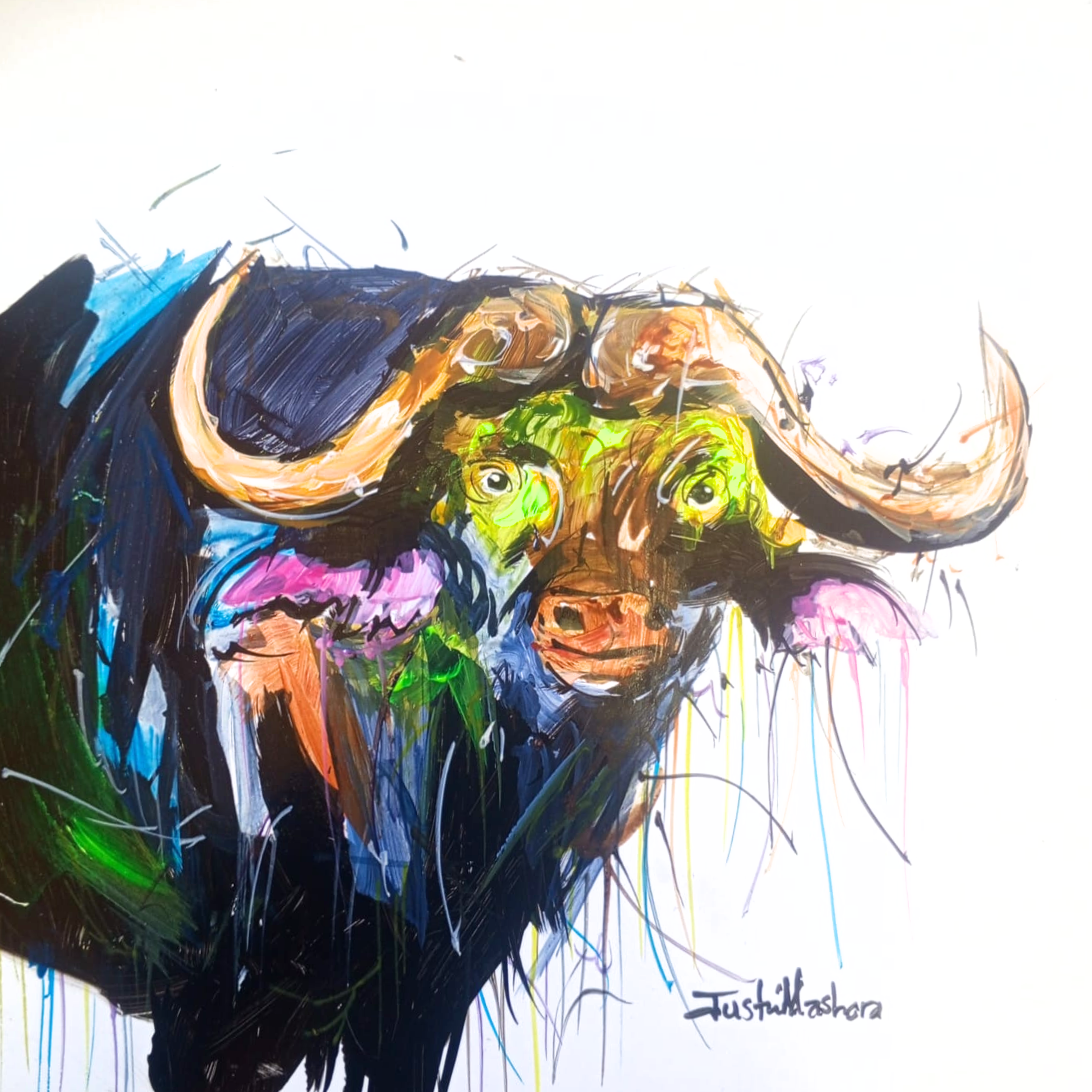 Justin Mashora Masonite Painting - Buffalo (25cm x 25cm)