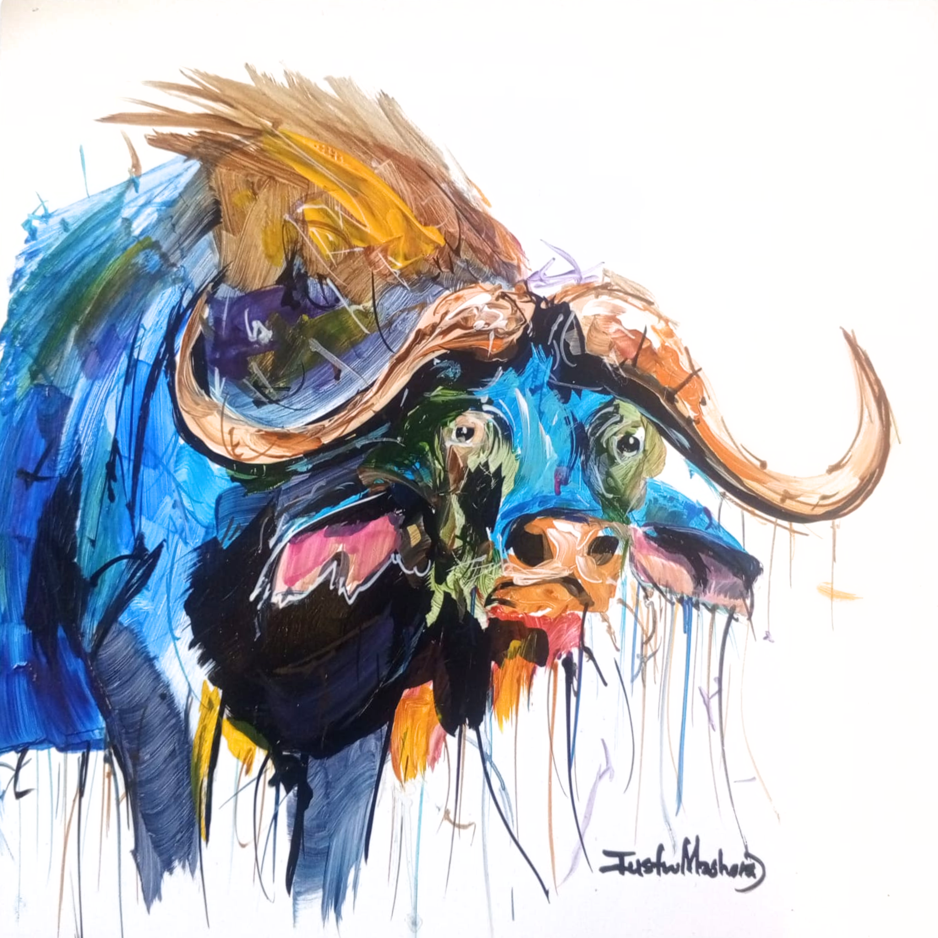 Justin Mashora Masonite Painting - Buffalo (25cm x 25cm)