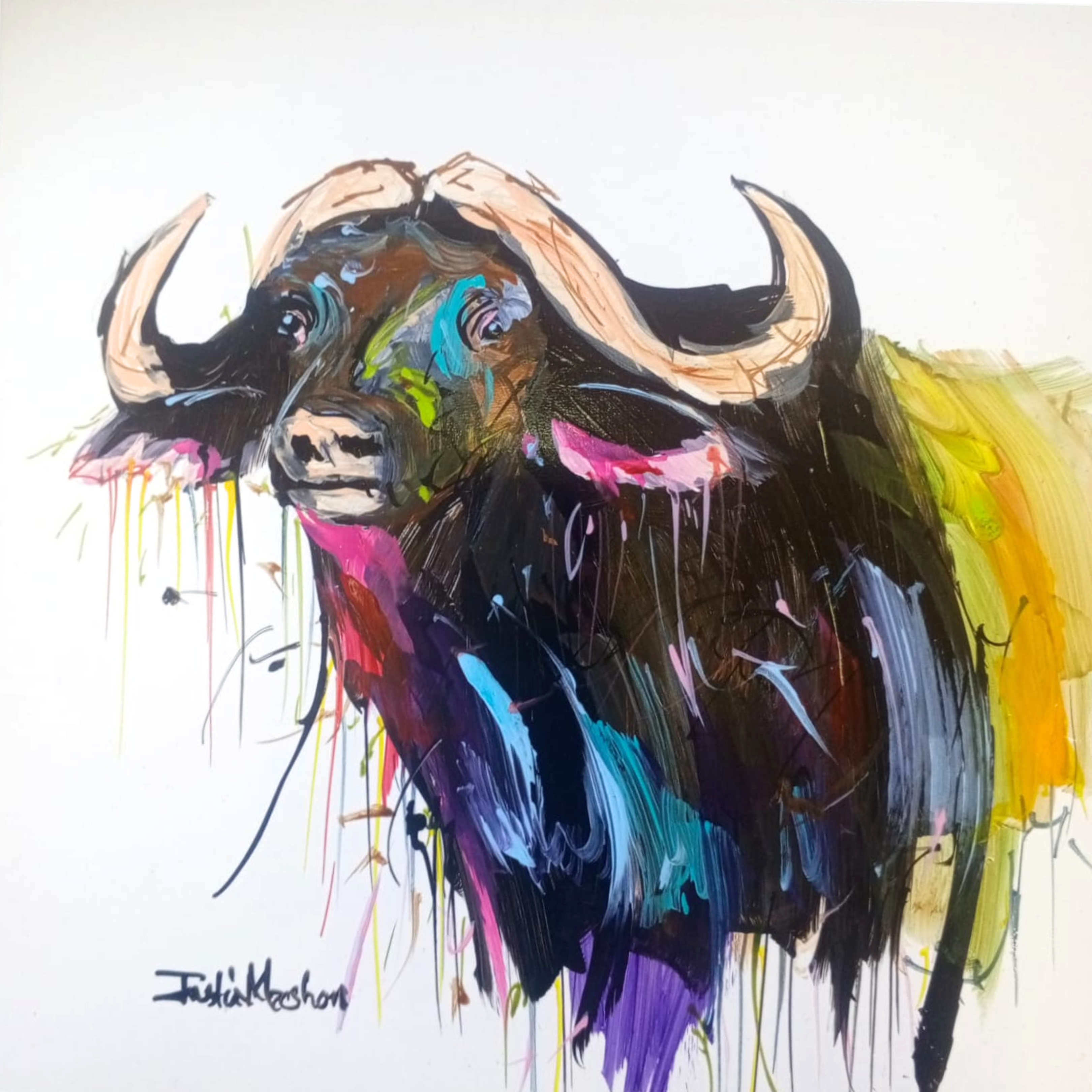 Justin Mashora Masonite Painting - Buffalo (25cm x 25cm)