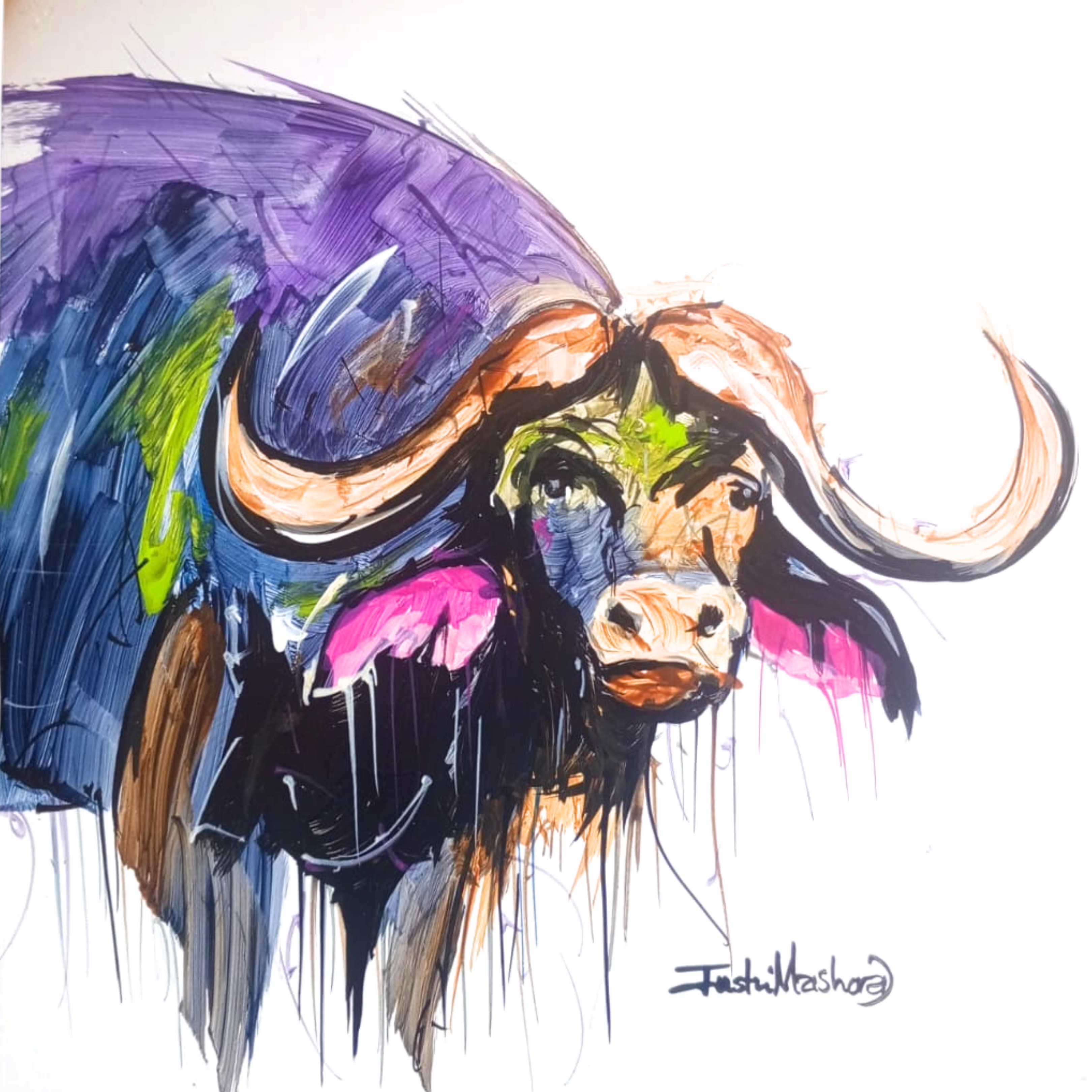 Justin Mashora Masonite Painting - Buffalo (25cm x 25cm)