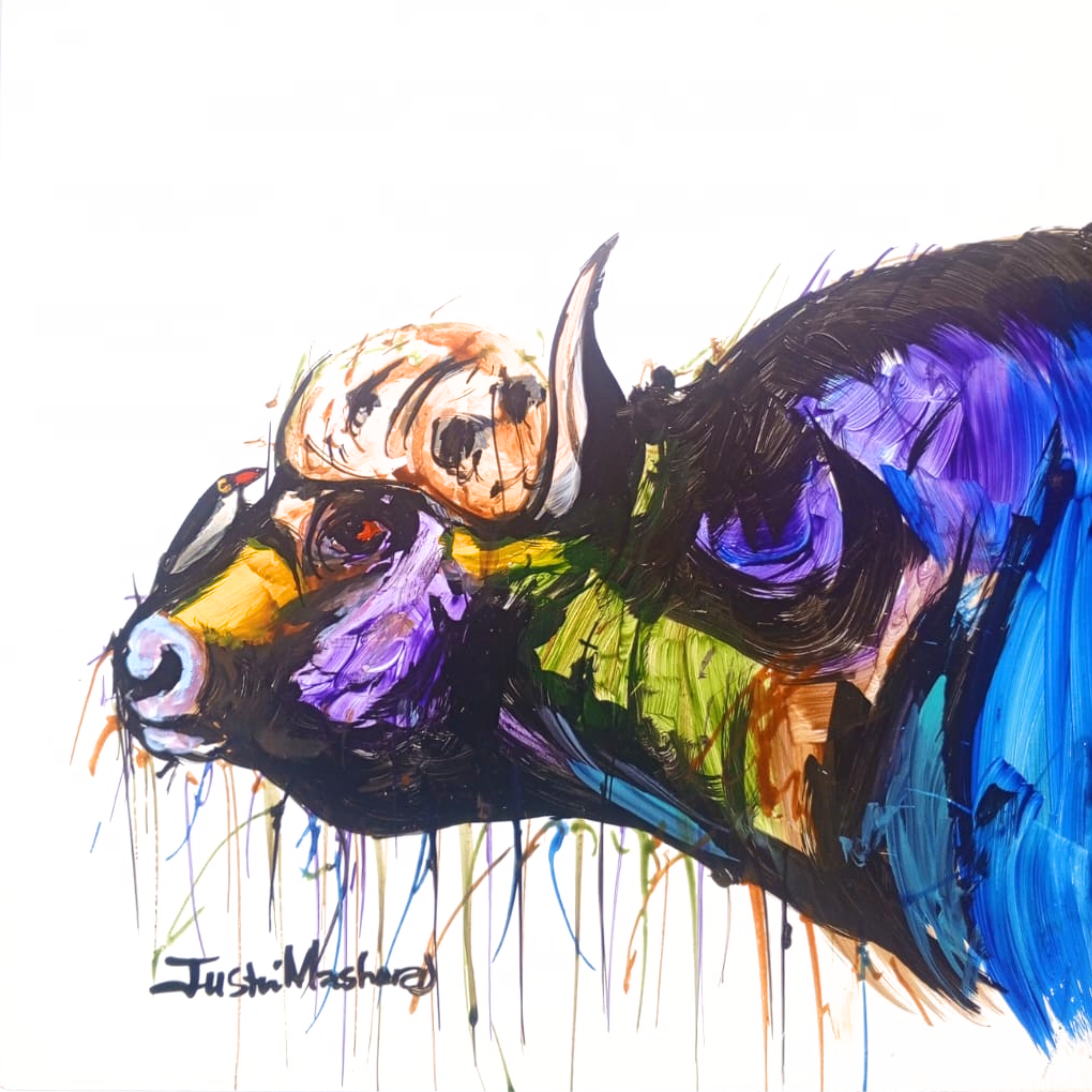 Justin Mashora Masonite Painting - Buffalo (25cm x 25cm)
