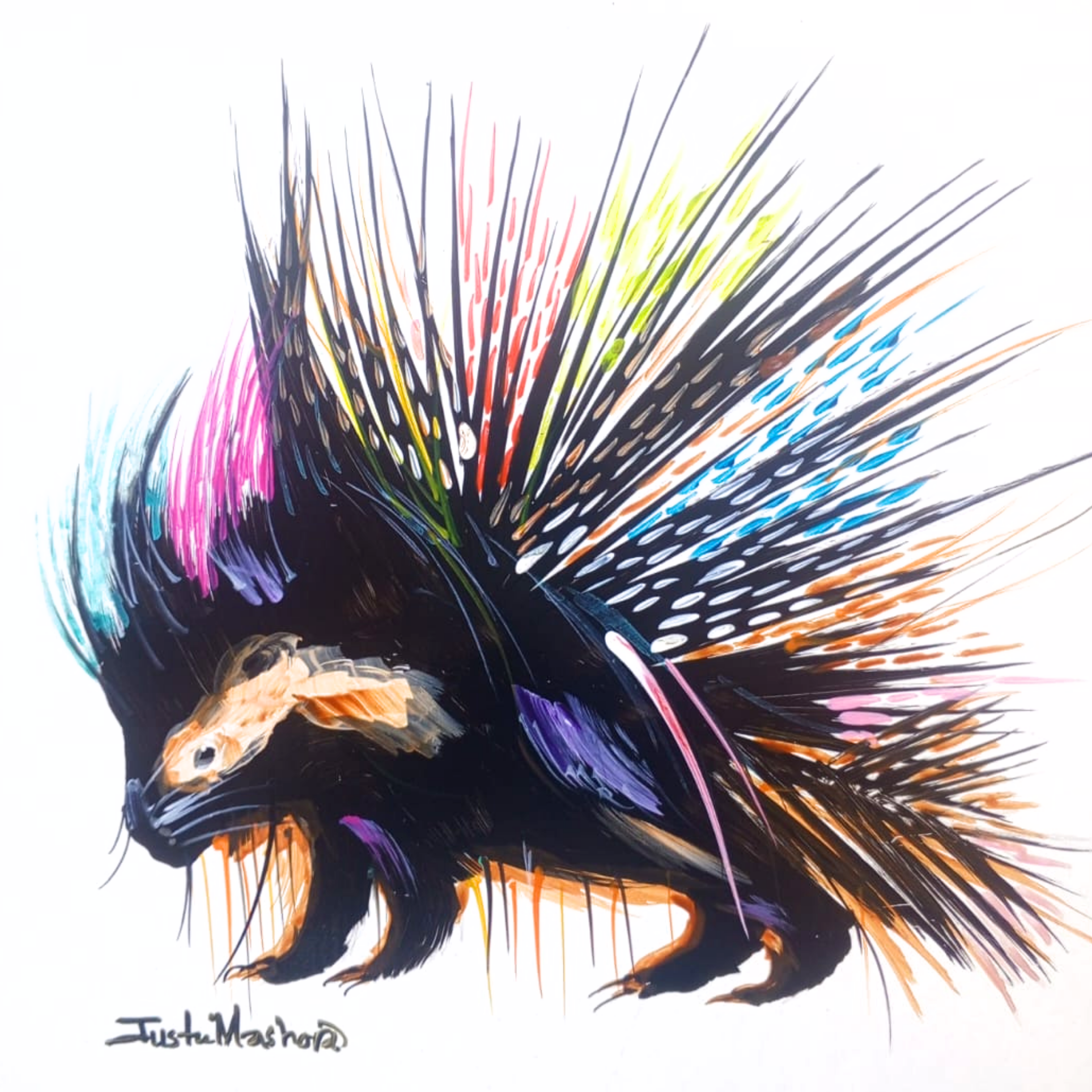 Justin Mashora Masonite Painting - Porcupine (25cm x 25cm)