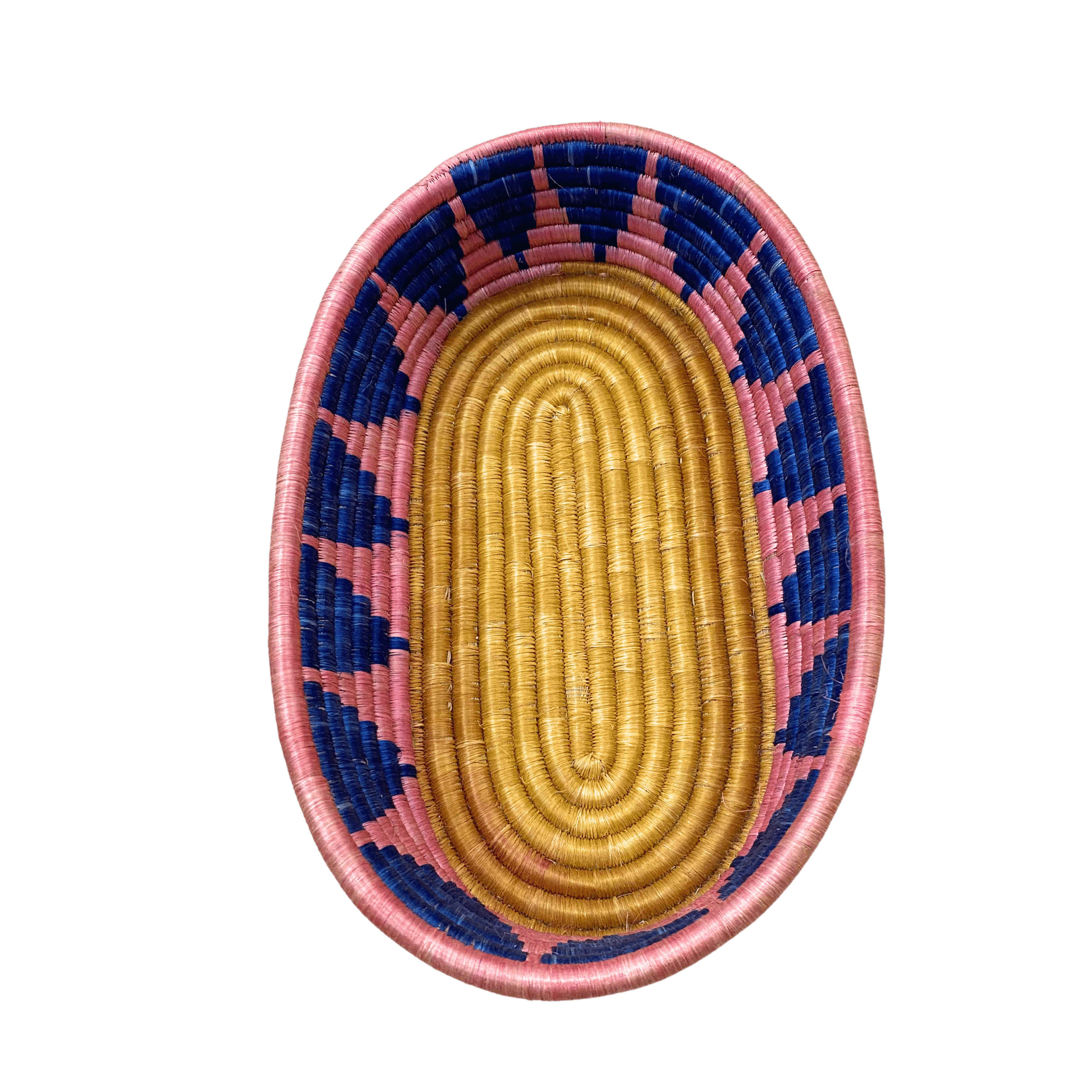 Large Handwoven Oval Rwandan Basket - Beige & Colour Patterns