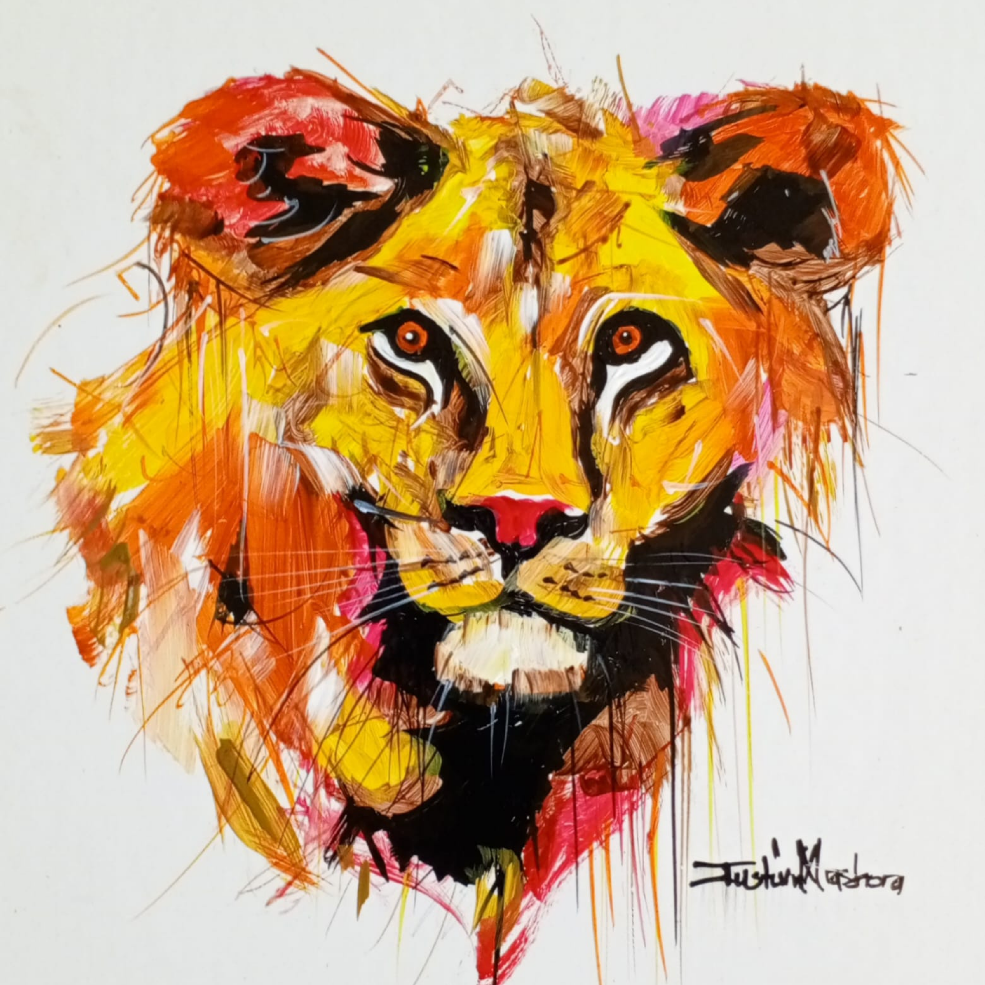 Justin Mashora Masonite Painting - Lion (25cm x 25cm)