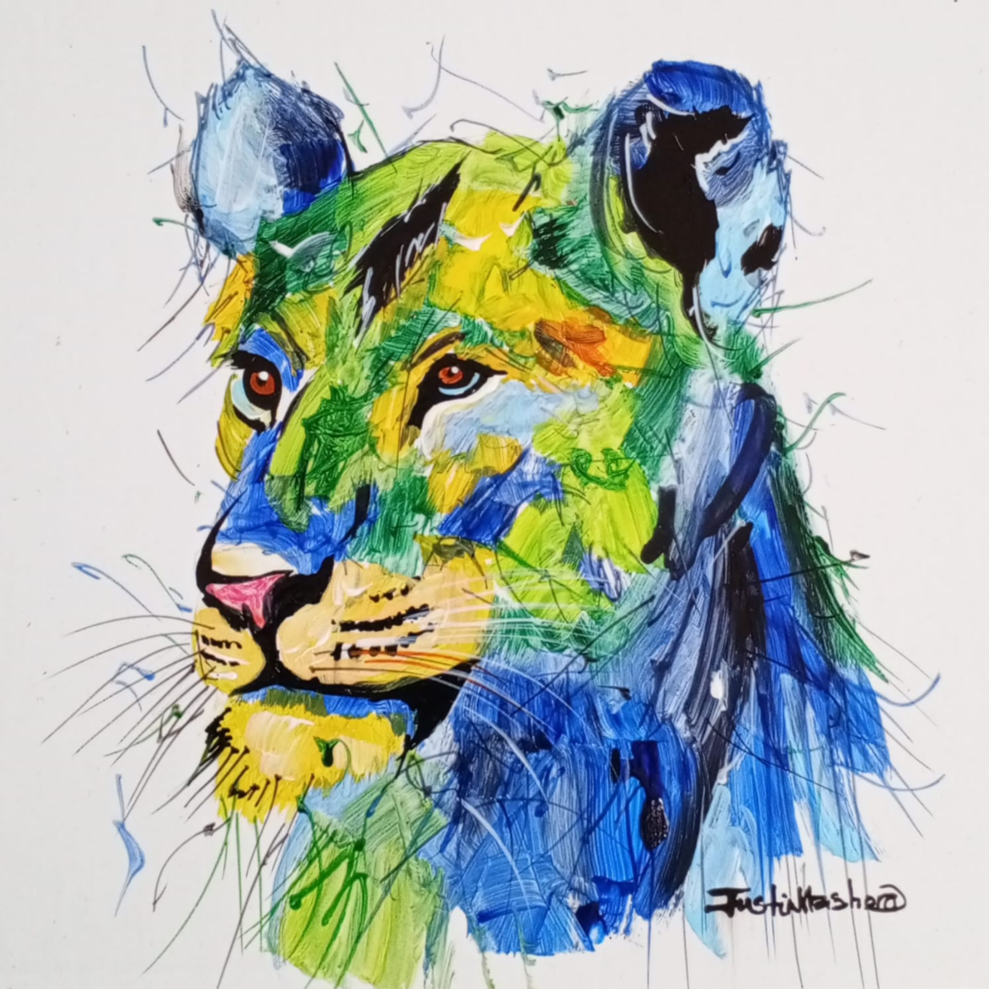 Justin Mashora Masonite Painting - Lion (25cm x 25cm)