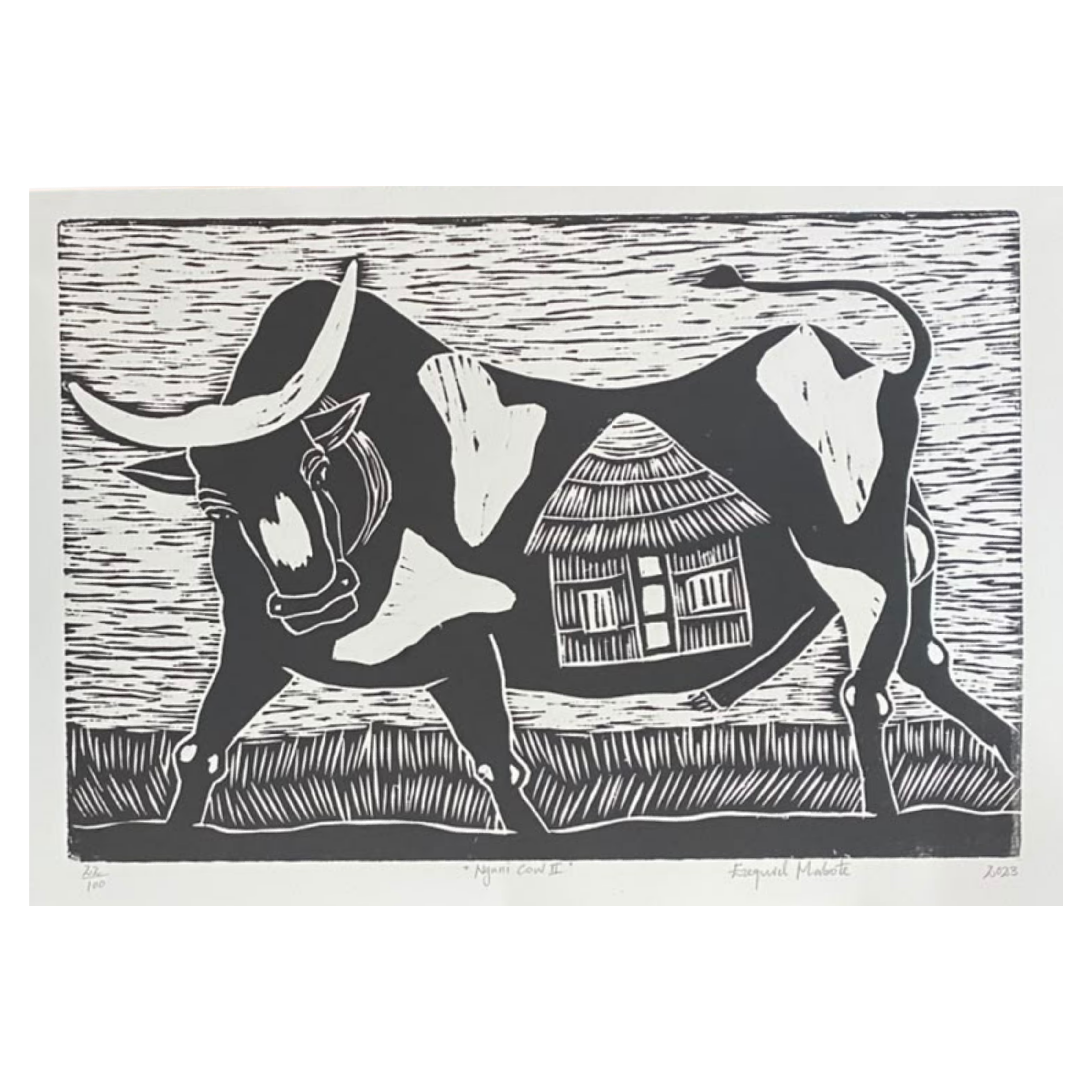 Mabote Art Woodprint Painting - Nguni Cow