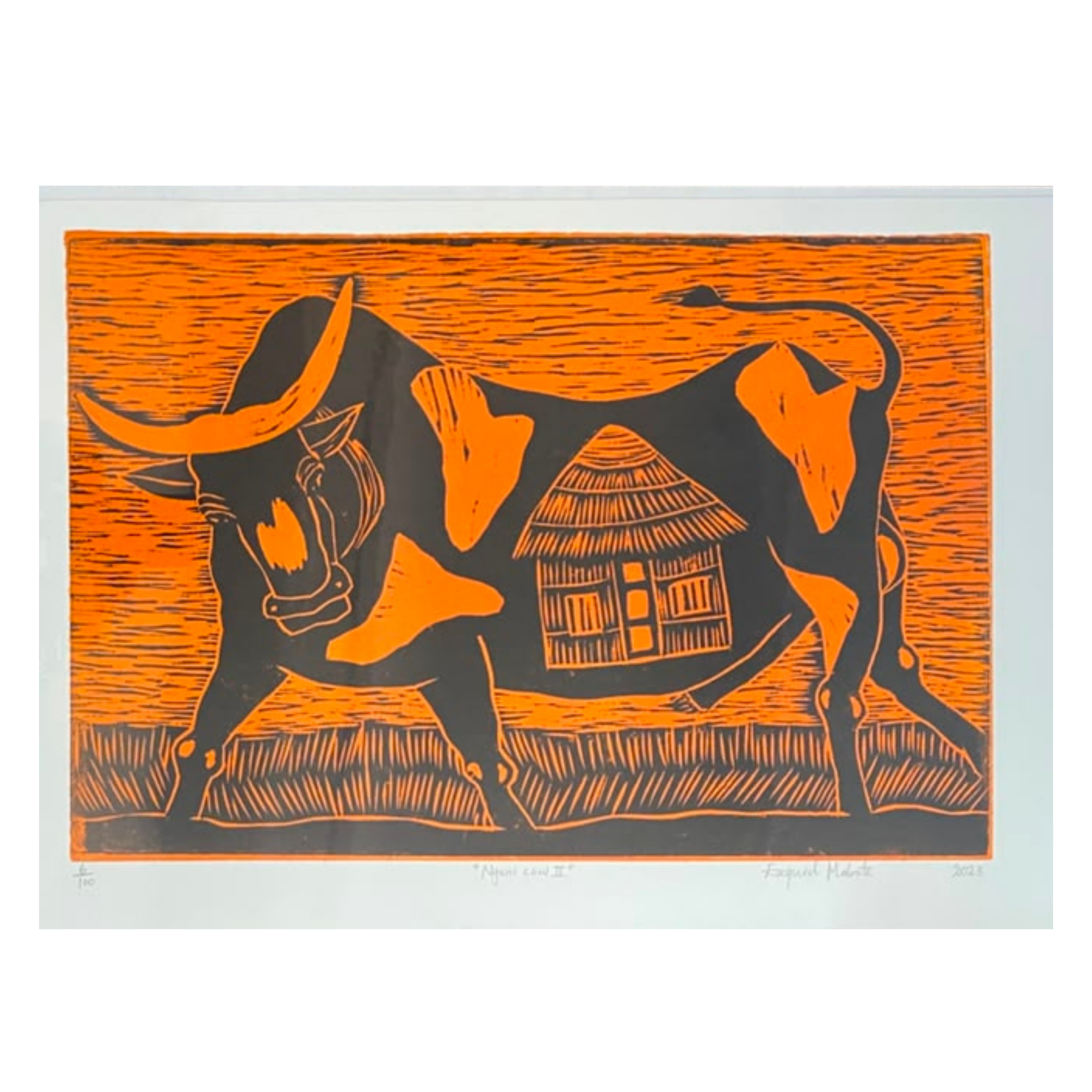 Mabote Art Woodprint Painting - Nguni Cow