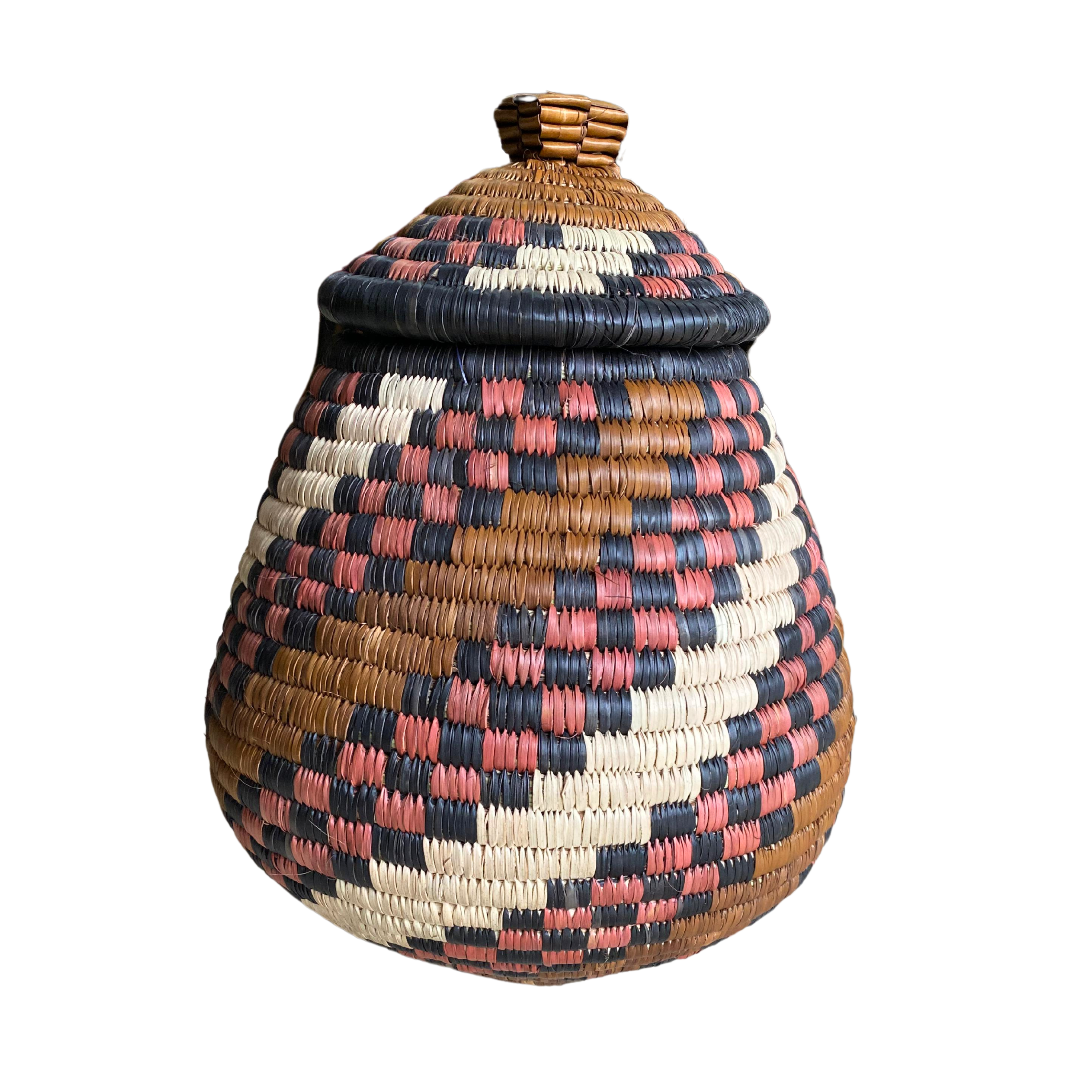Small Hand Woven Zulu Spiral Checkered Basket (Brown, Cream, Red & Black)