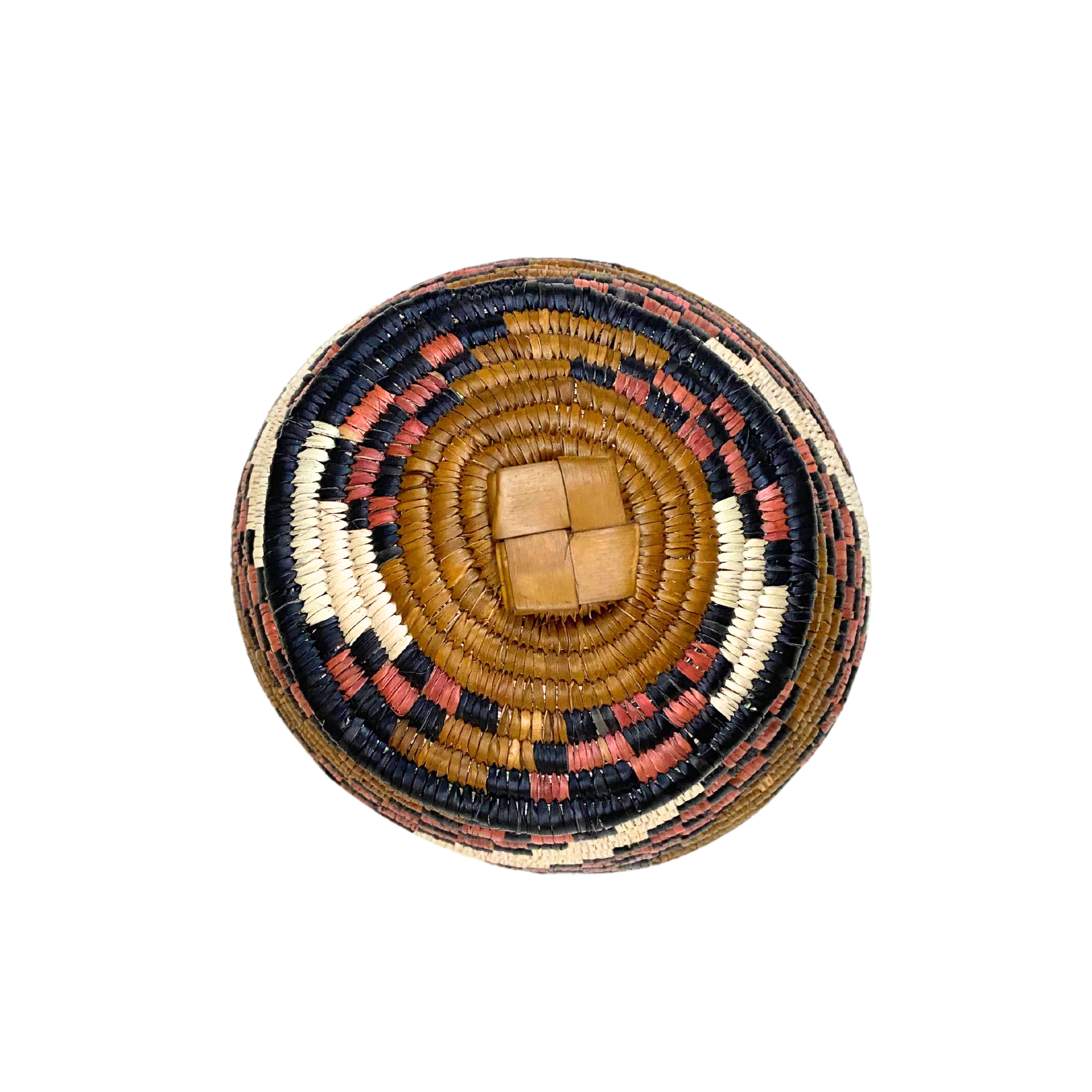 Small Hand Woven Zulu Spiral Checkered Basket (Brown, Cream, Red & Black)