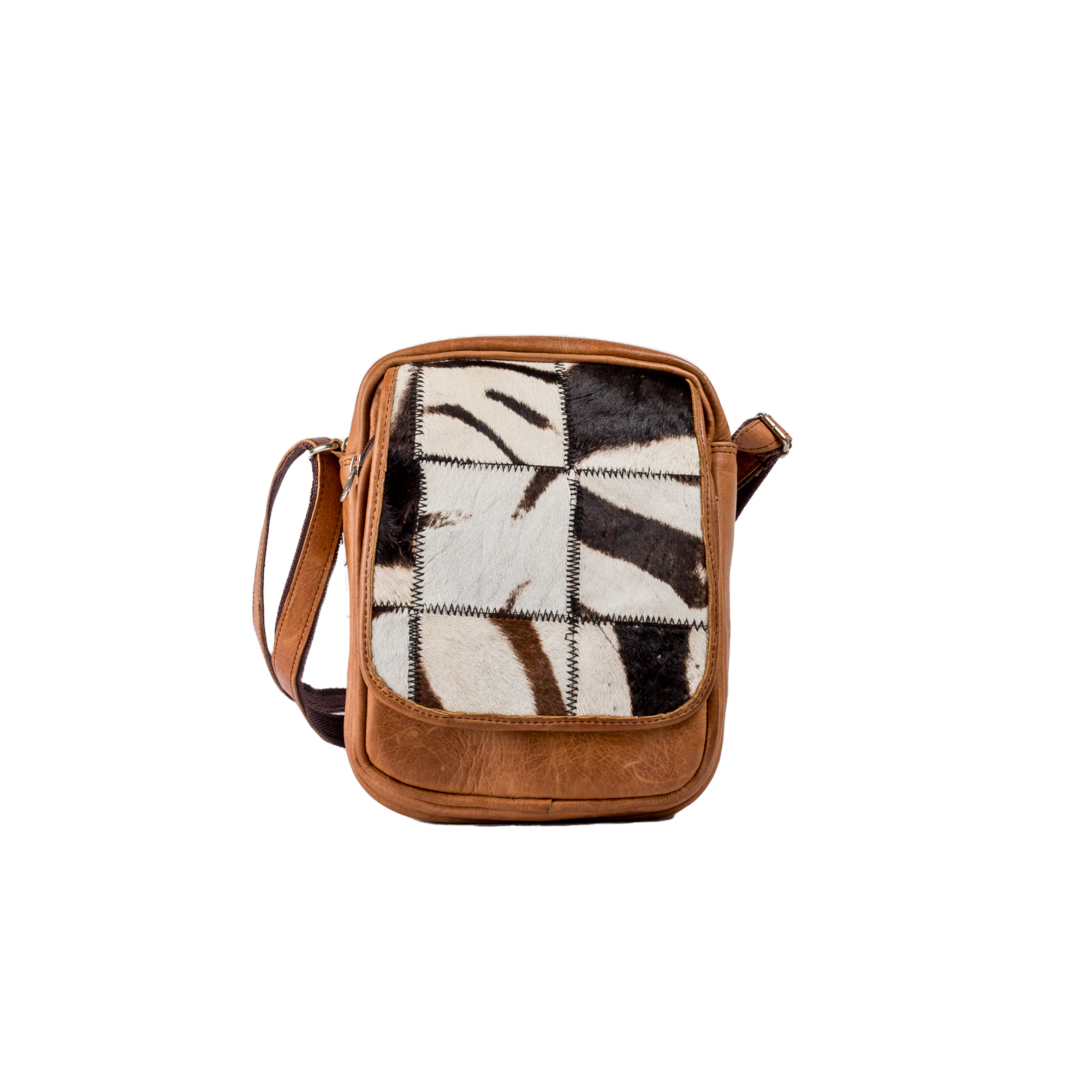 Zebra Patch Leather Sling Bag - Tan