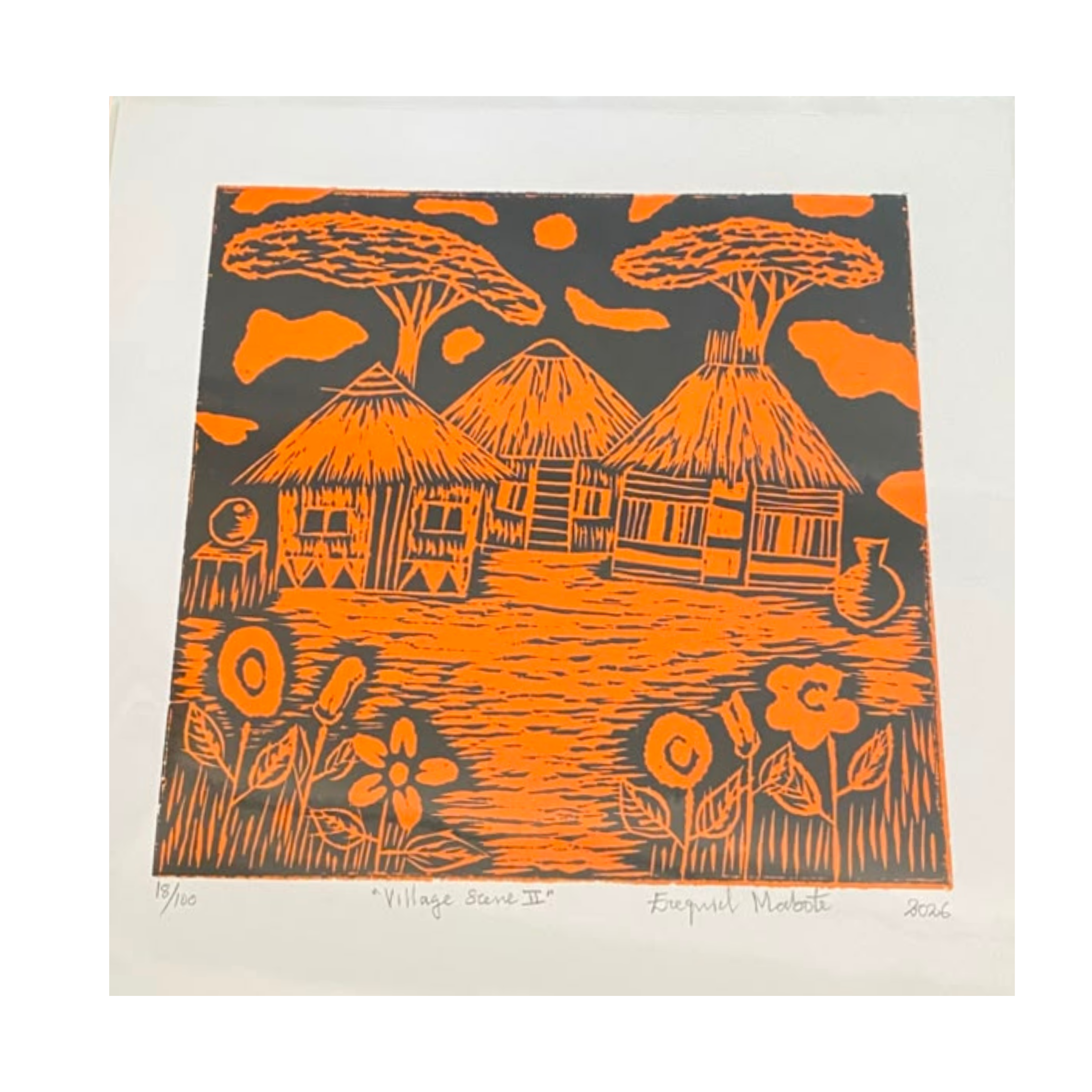 Mabote Art Woodprint Painting - Village Scene