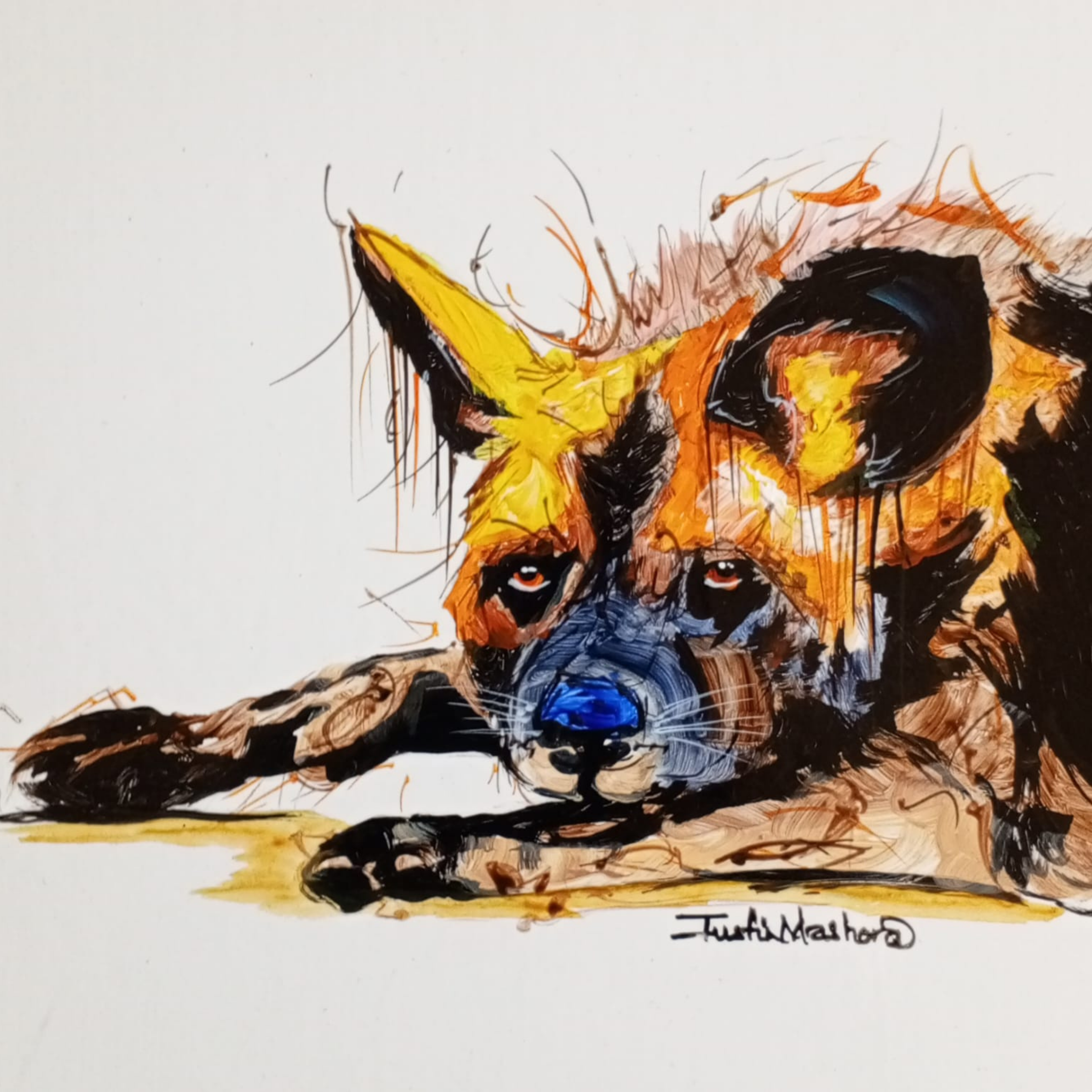 Justin Mashora Masonite Painting - Wild Dog (25cm x 25cm)