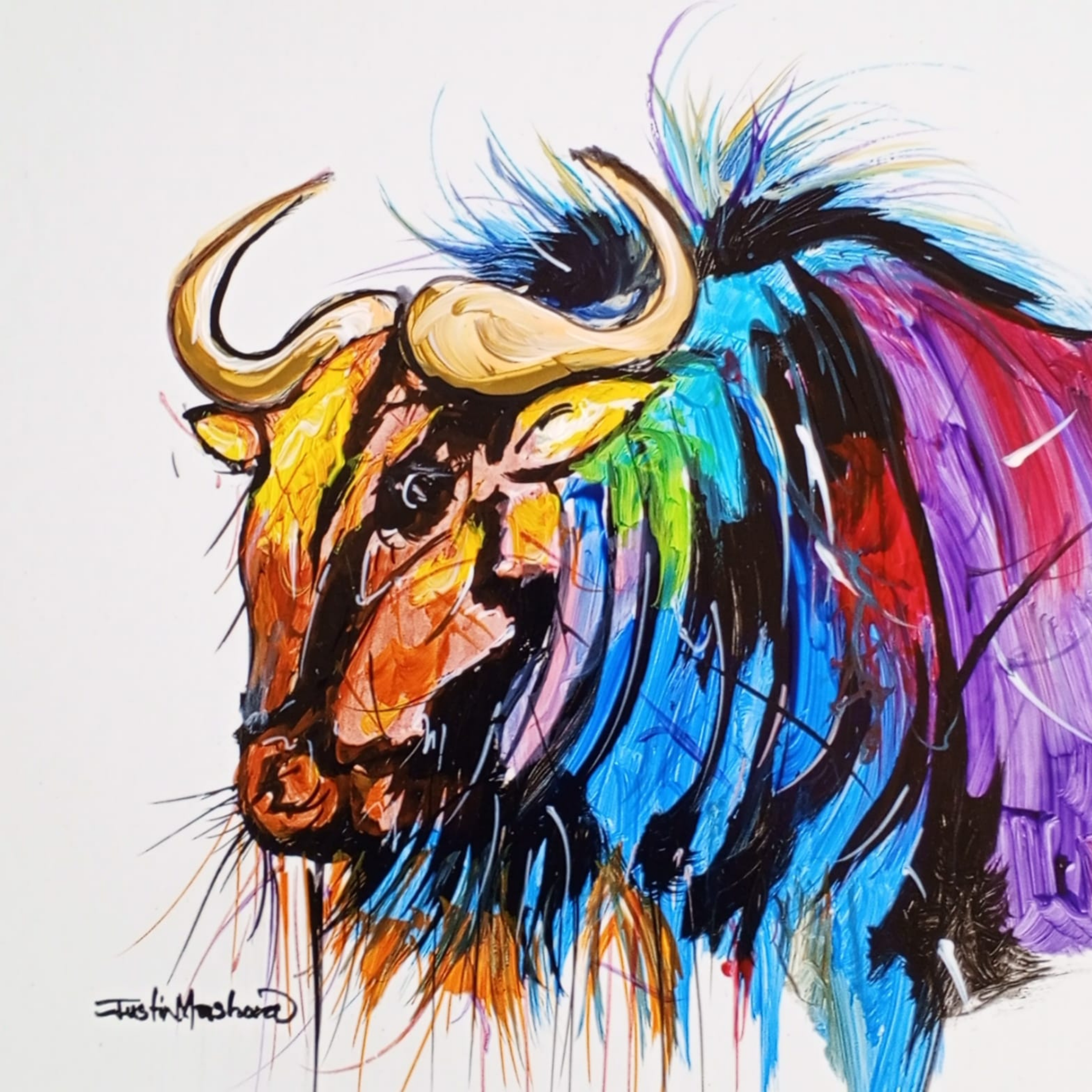 Justin Mashora Masonite Painting - Wildebeest (25cm x 25cm)