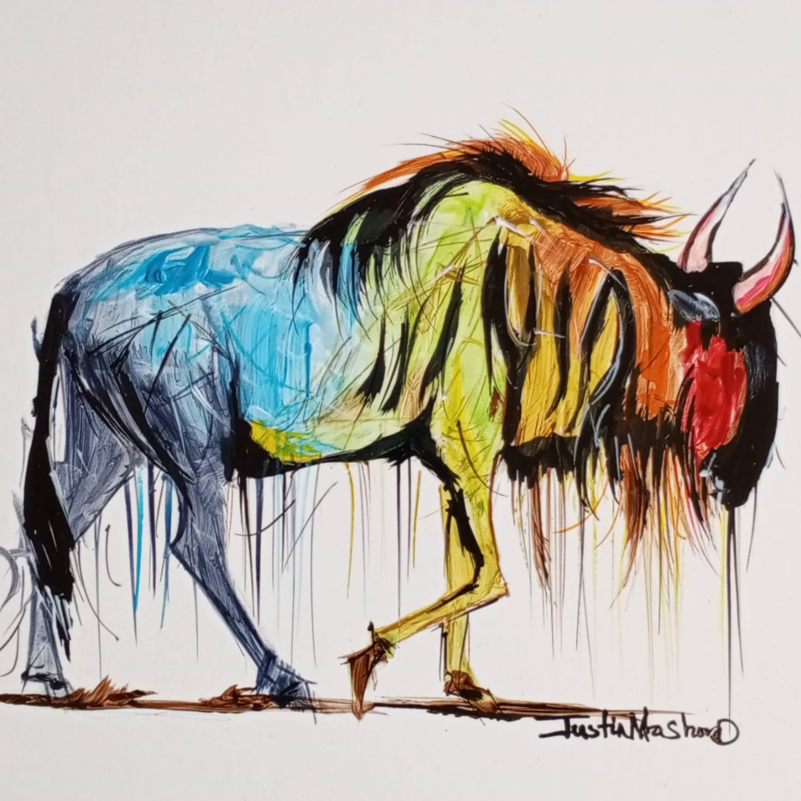 Justin Mashora Masonite Painting - Wildebeest (25cm x 25cm)