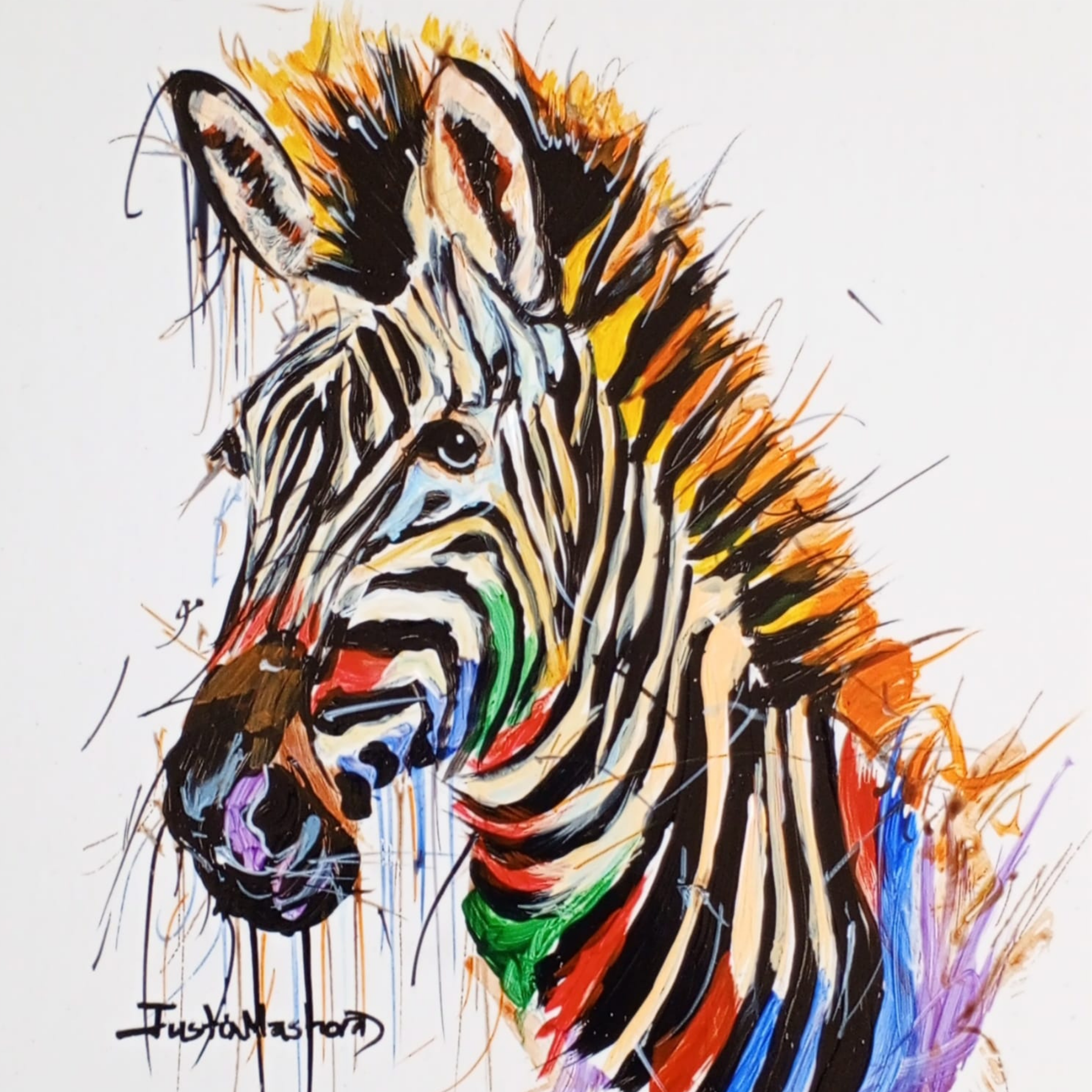 Justin Mashora Masonite Painting - Zebra (25cm x 25cm)
