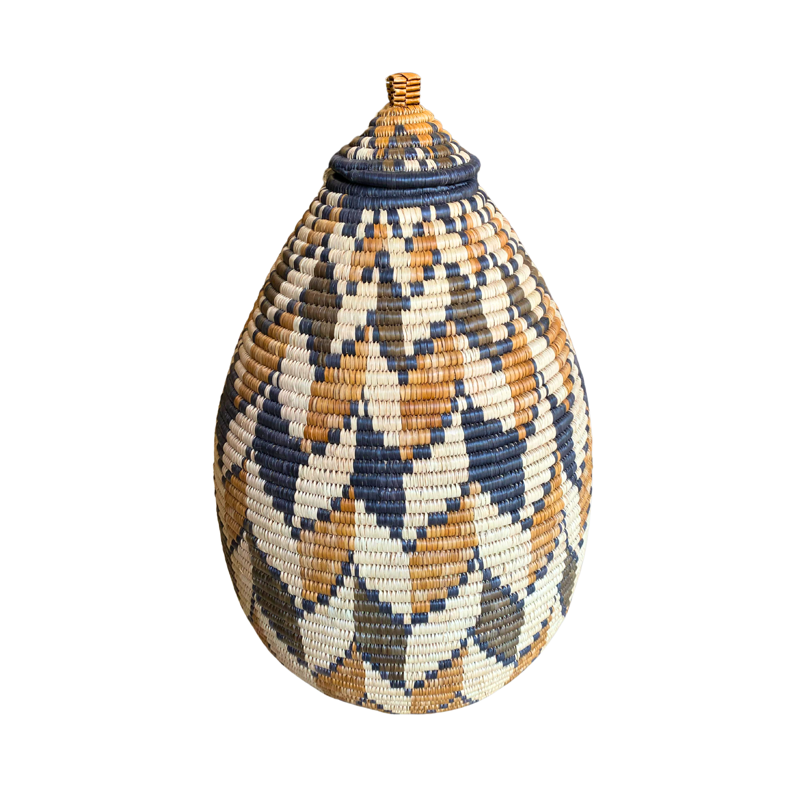 Tall Zulu Hand-Woven Zig Zag Reed Basket (Cream, Brown & Grey)