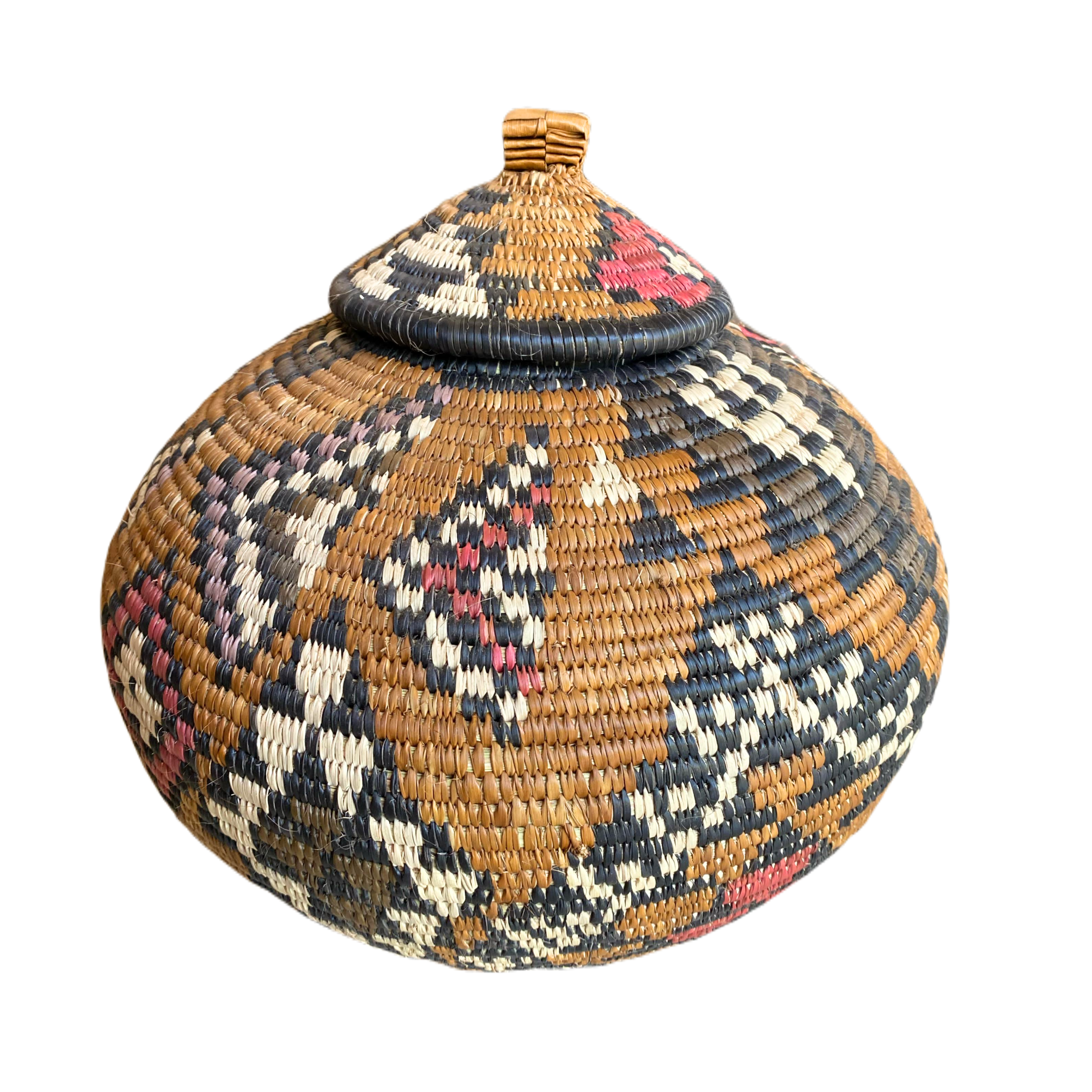 Hand Woven Fat Lady Marriage Zulu Basket (Brown; Red & Black)