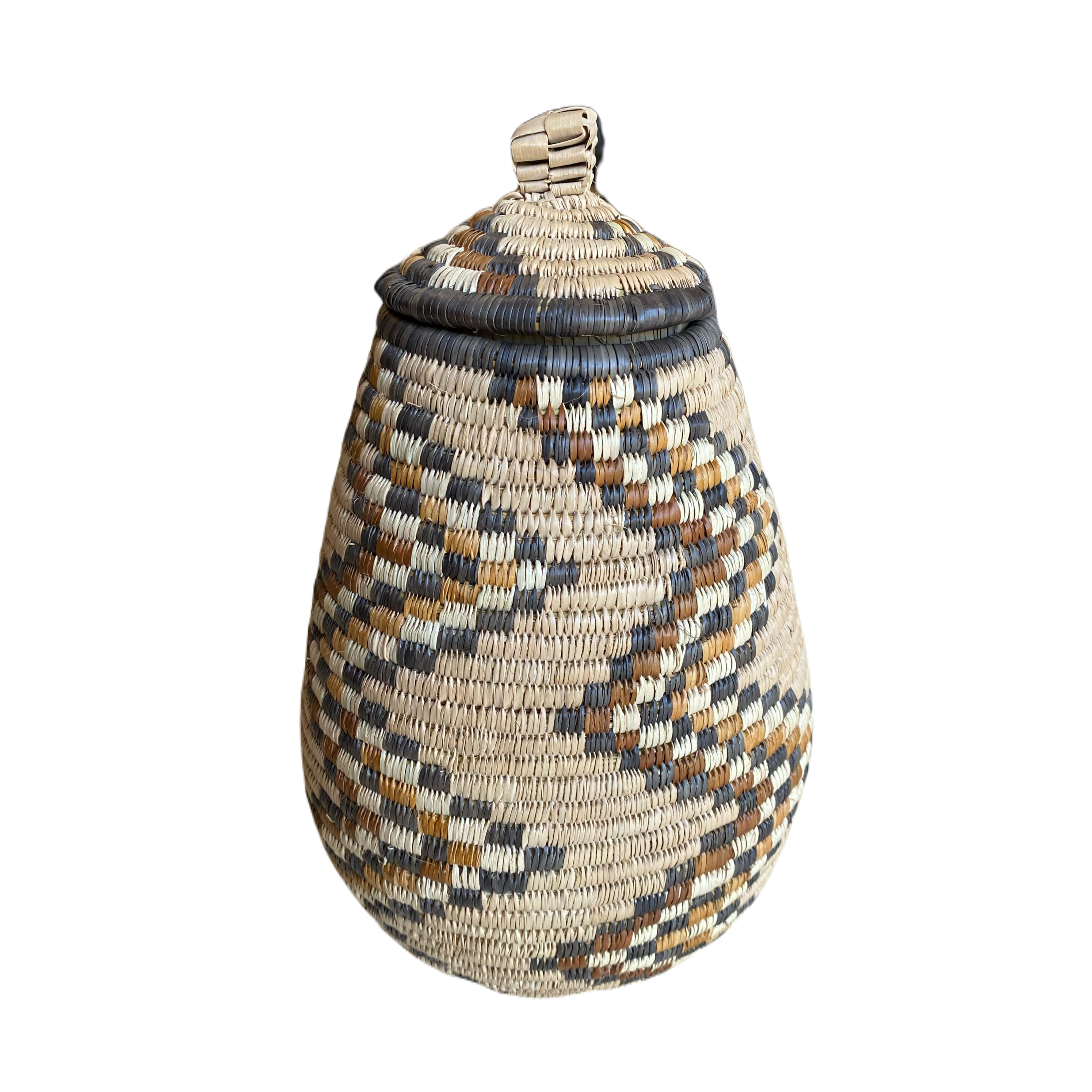 Small Hand Woven Checkered Wave Basket (Brown; Beige & Cream)