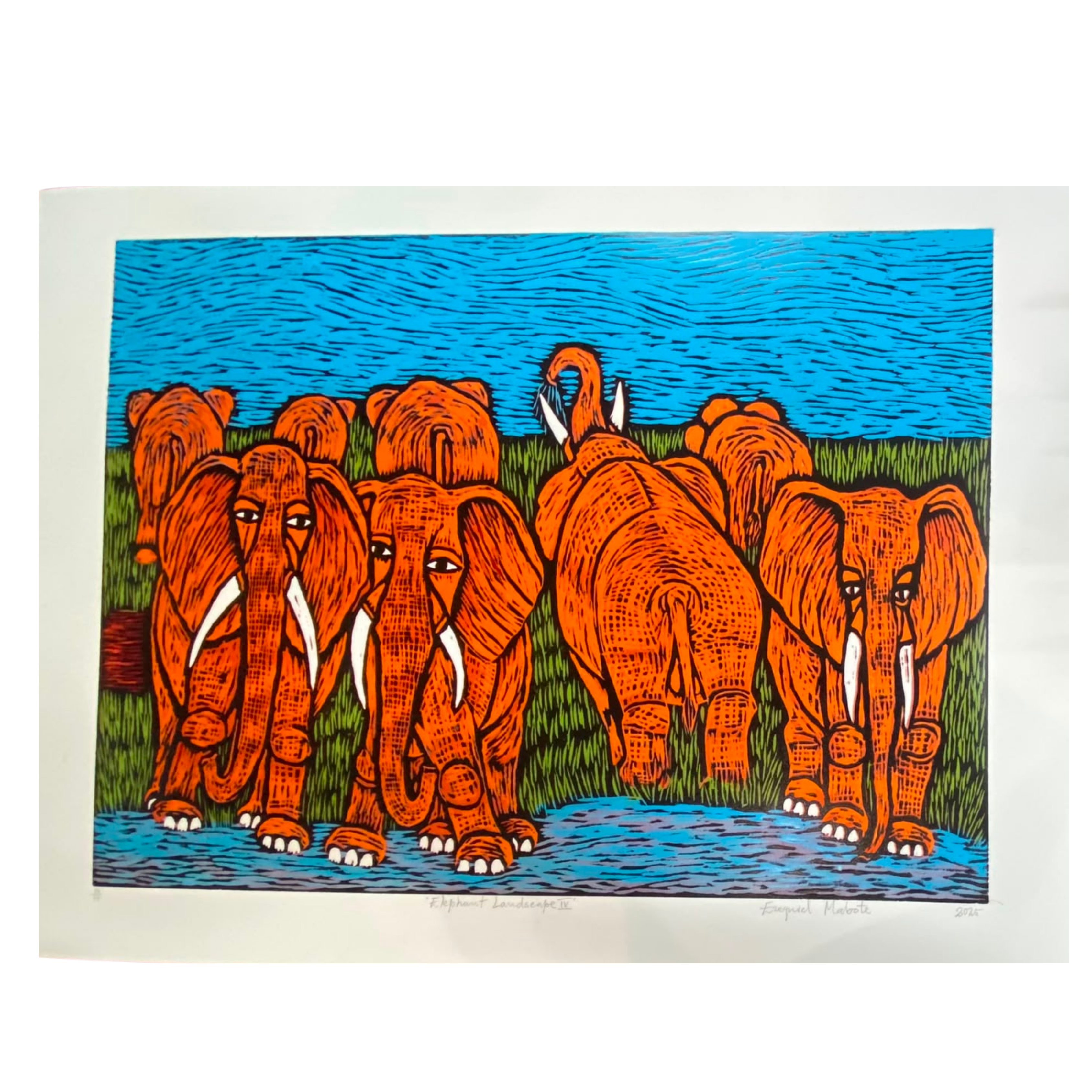 Mabote Art Woodprint Painting - Elephant Landscape